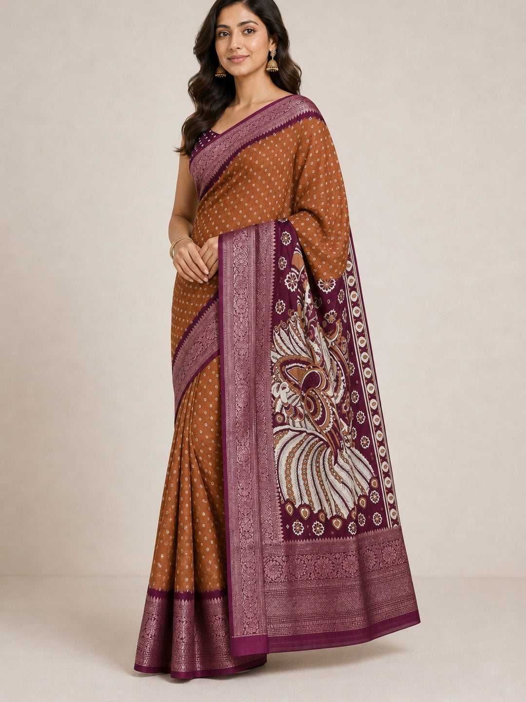 Rust Bandhani Design Dola Silk Saree with Classic Zari Detailing - Image 3