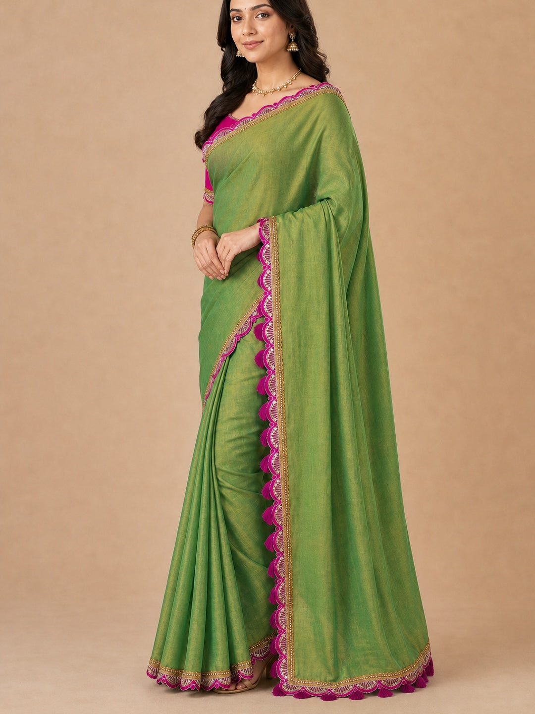 Green Beige Solid Tissue Saree Enhanced With Graceful Embroidered Lace Border Work - Image 4