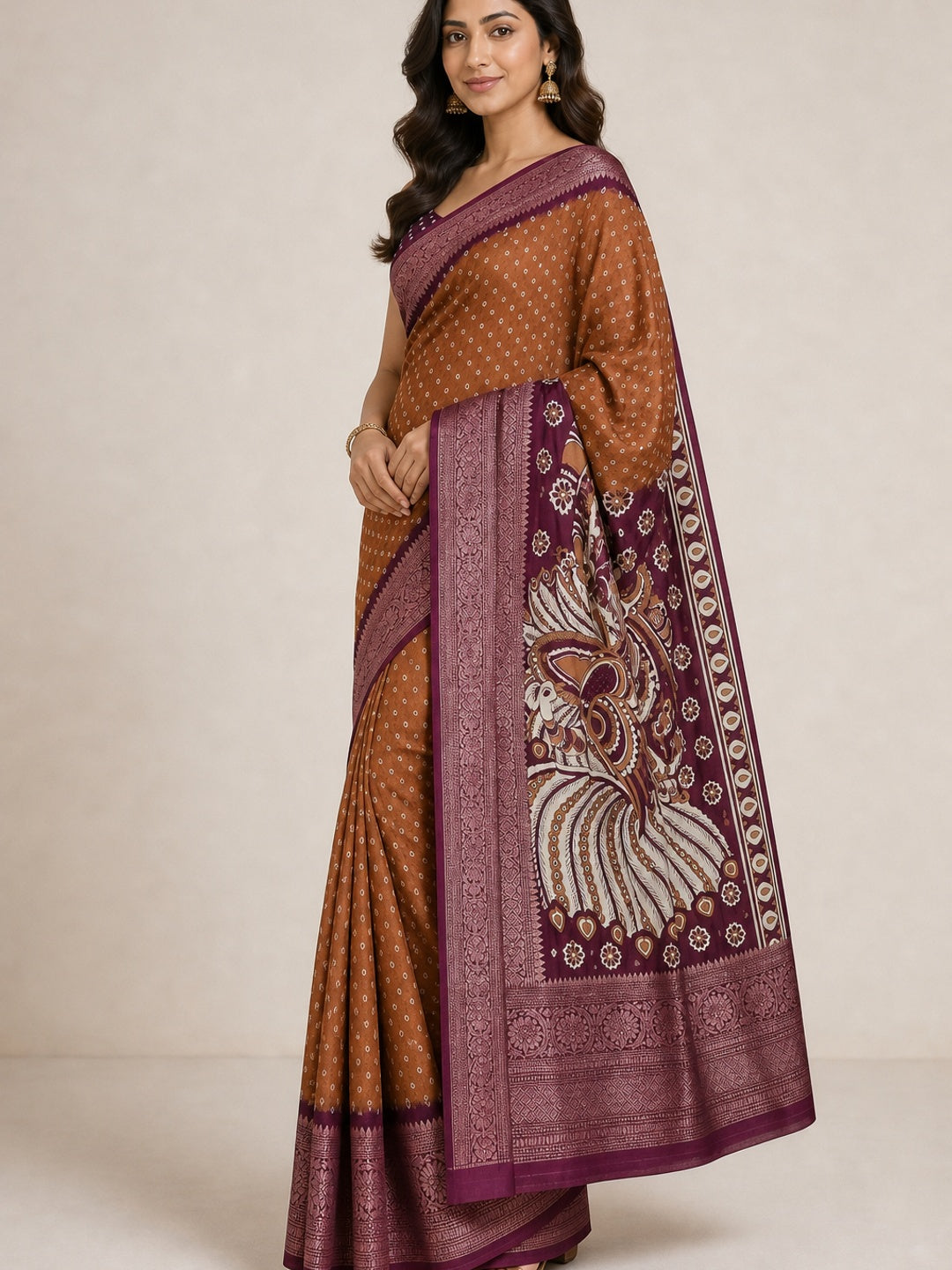 Rust Bandhani Design Dola Silk Saree with Classic Zari Detailing - Image 4