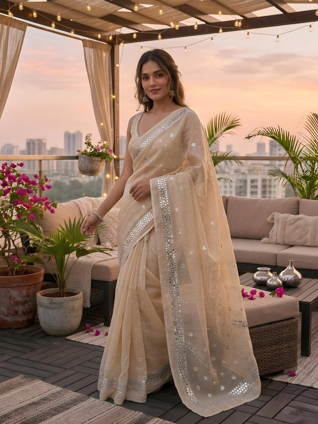 Peachmode Cream Kota Doriya Gota Patti Saree - Image 1