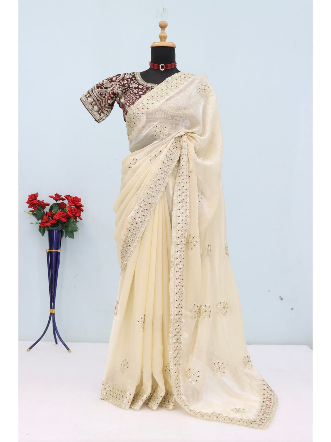 Peachmode Chikoo Satin Saree - Image 2