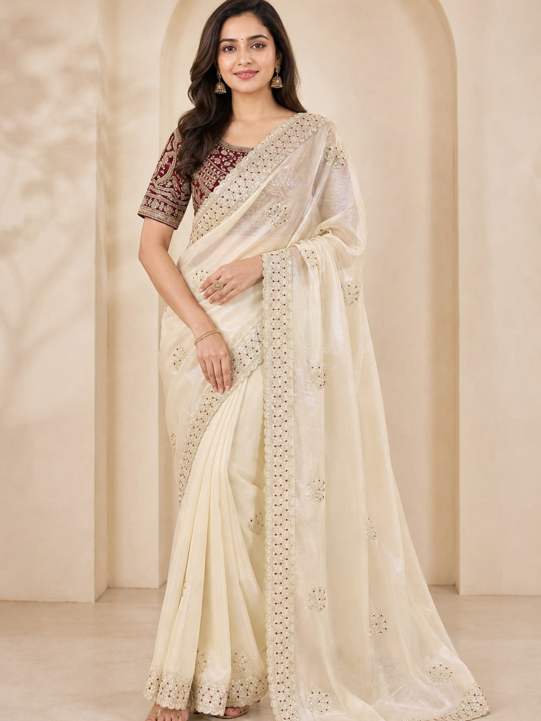 Peachmode Chikoo Satin Saree - Image 1