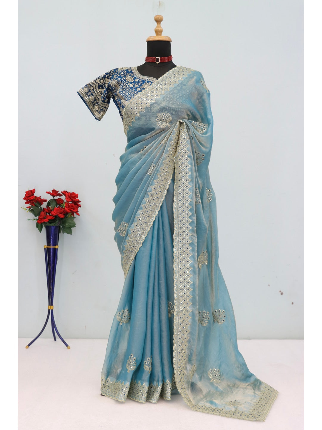 Peachmode Blue Satin Saree - Image 2