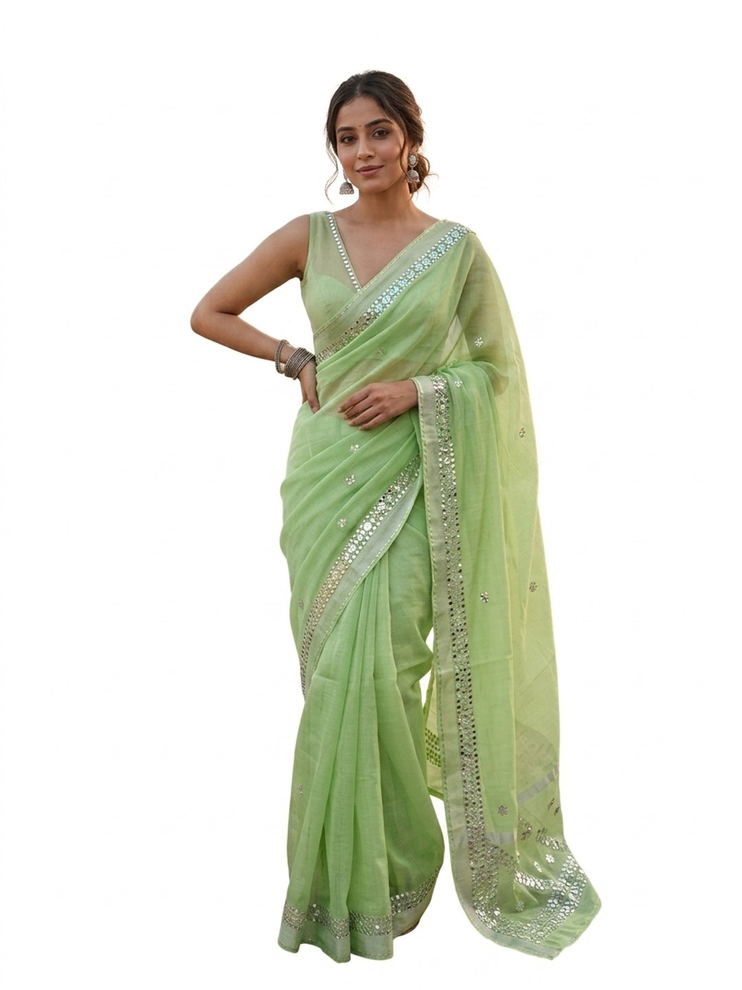 Peachmode Green Kota Doriya Gota Patti Saree - Image 6