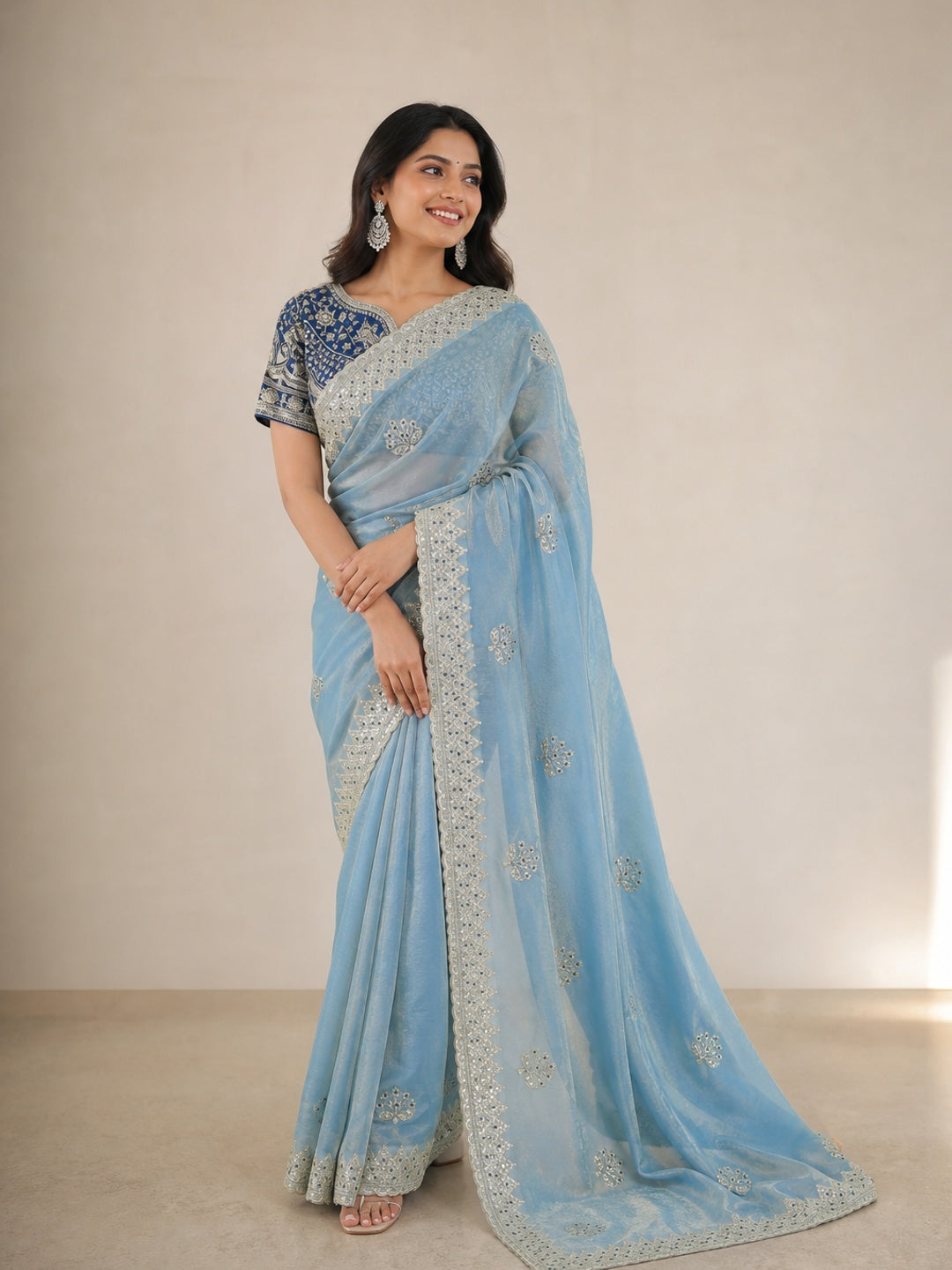 Peachmode Blue Satin Saree - Image 1