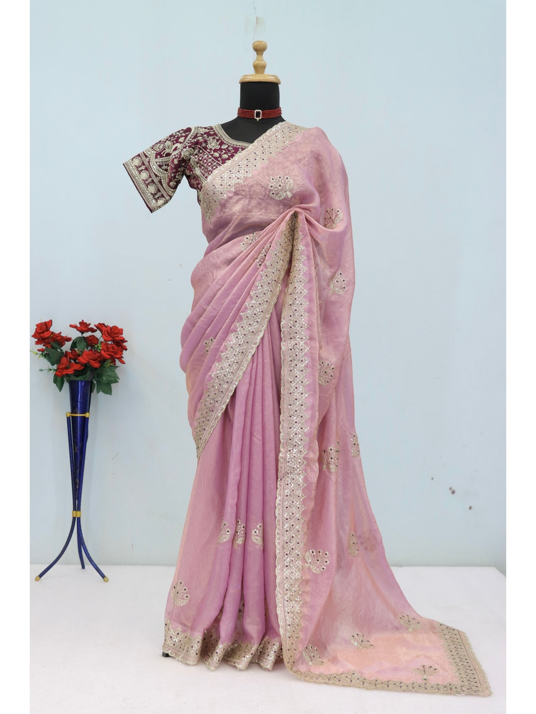 Peachmode Pink Satin Saree - Image 2