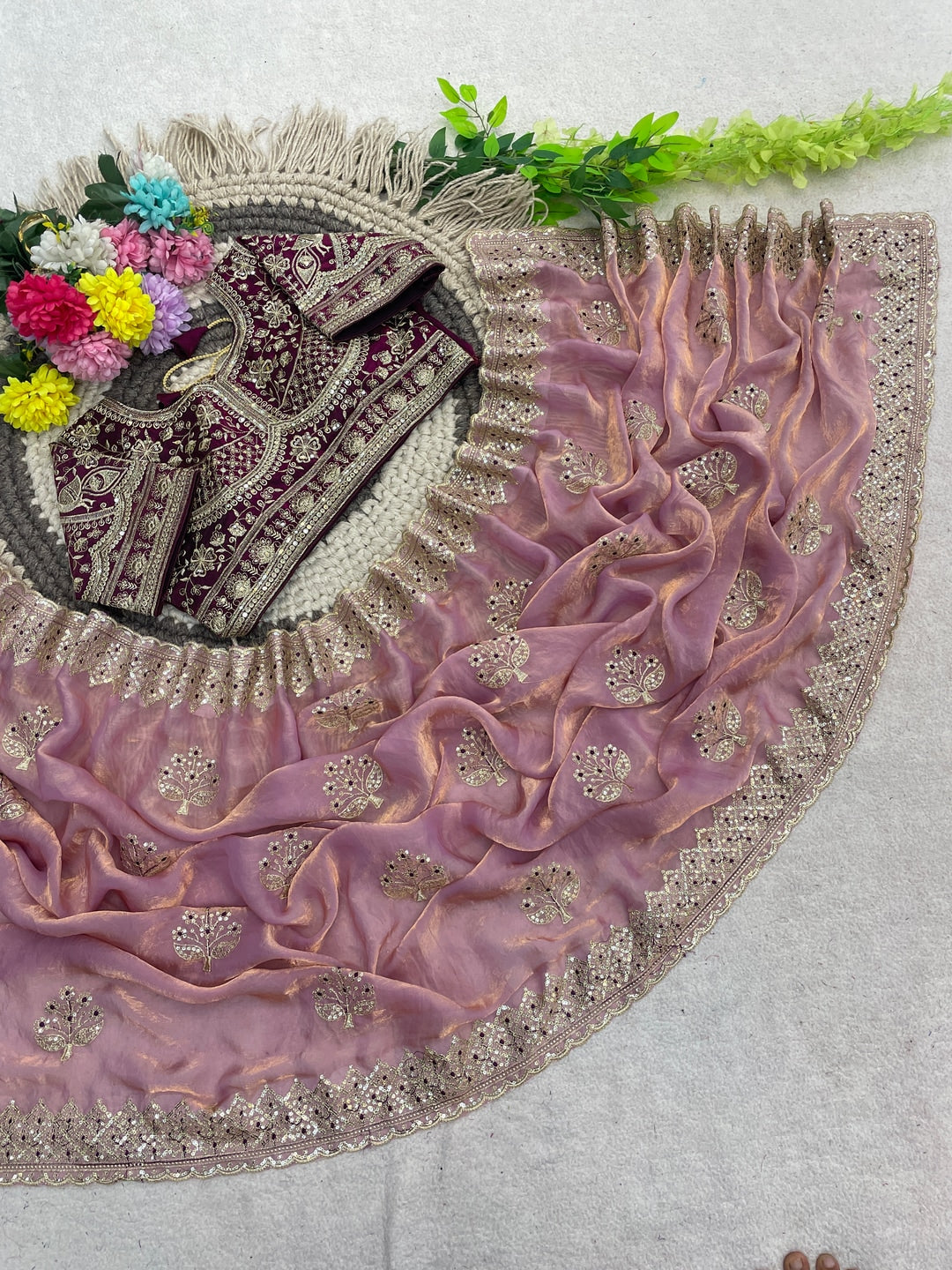 Peachmode Pink Satin Saree - Image 4