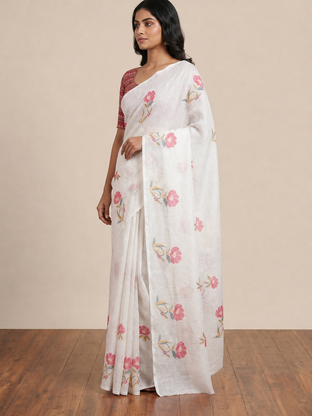 White Floral Digital Printed Linen Saree - Image 4