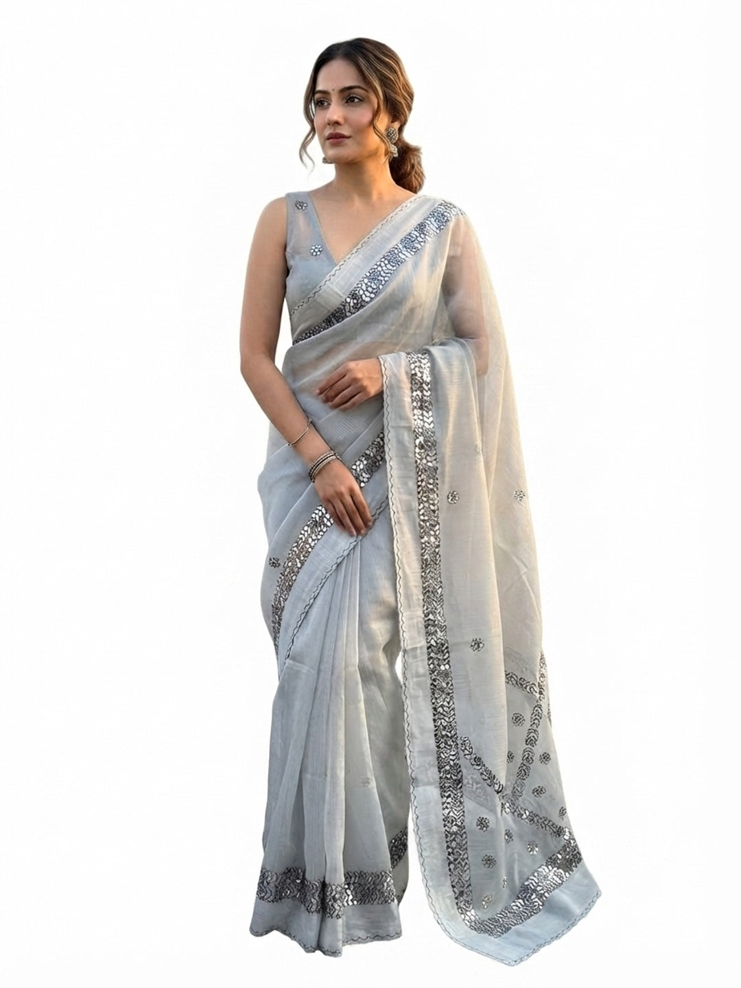 Peachmode Grey Kota Doriya Gota Patti Saree - Image 6