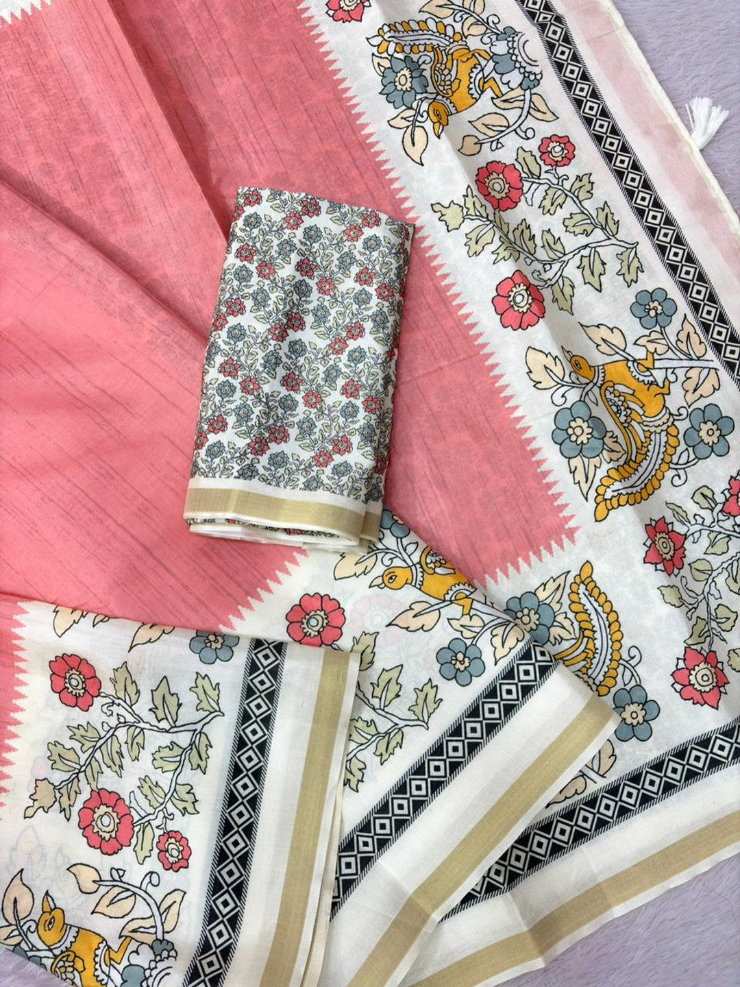 Peachmode Pink Malai Cotton Fancy Digital Print Saree - Image 7