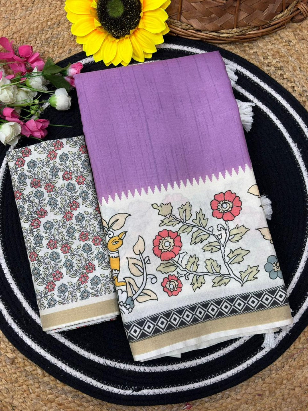 Peachmode Lavender Malai Cotton Fancy Digital Print Saree - Image 7