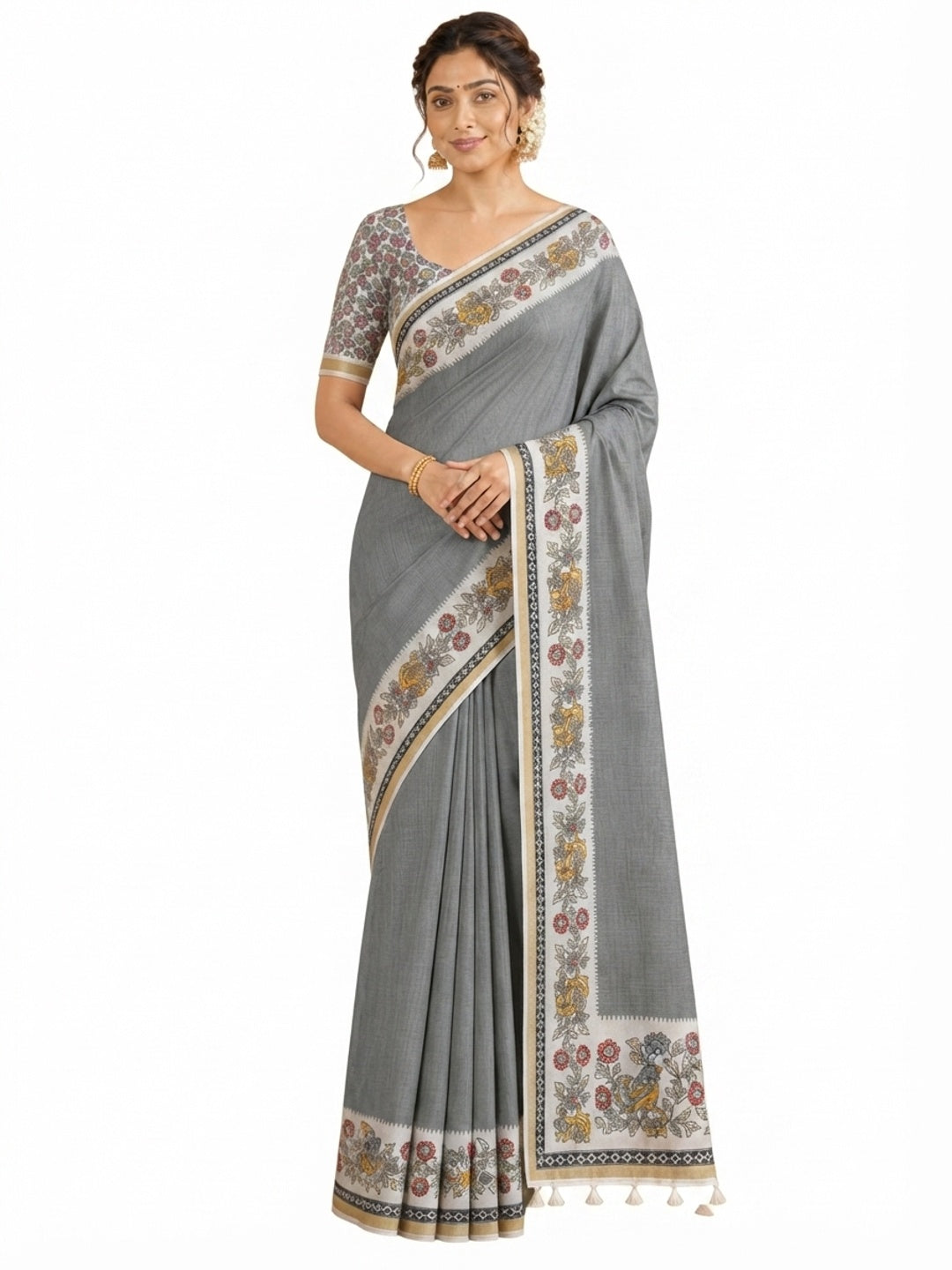 Peachmode Grey Malai Cotton Fancy Digital Print Saree - Image 8