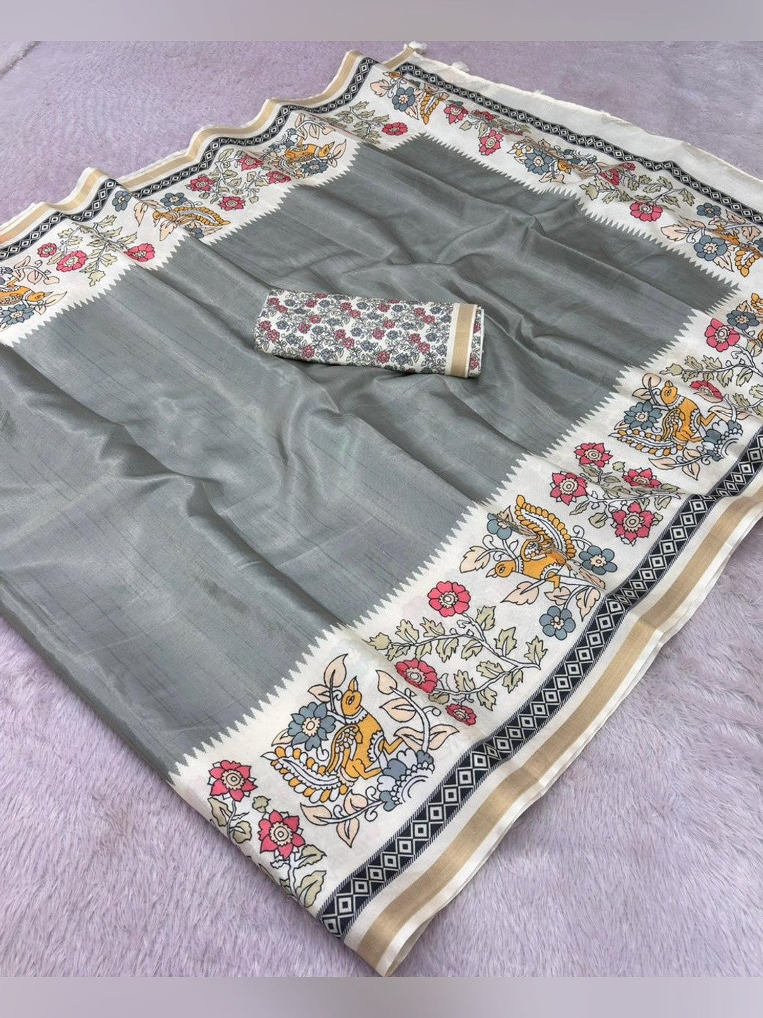Peachmode Grey Malai Cotton Fancy Digital Print Saree - Image 5