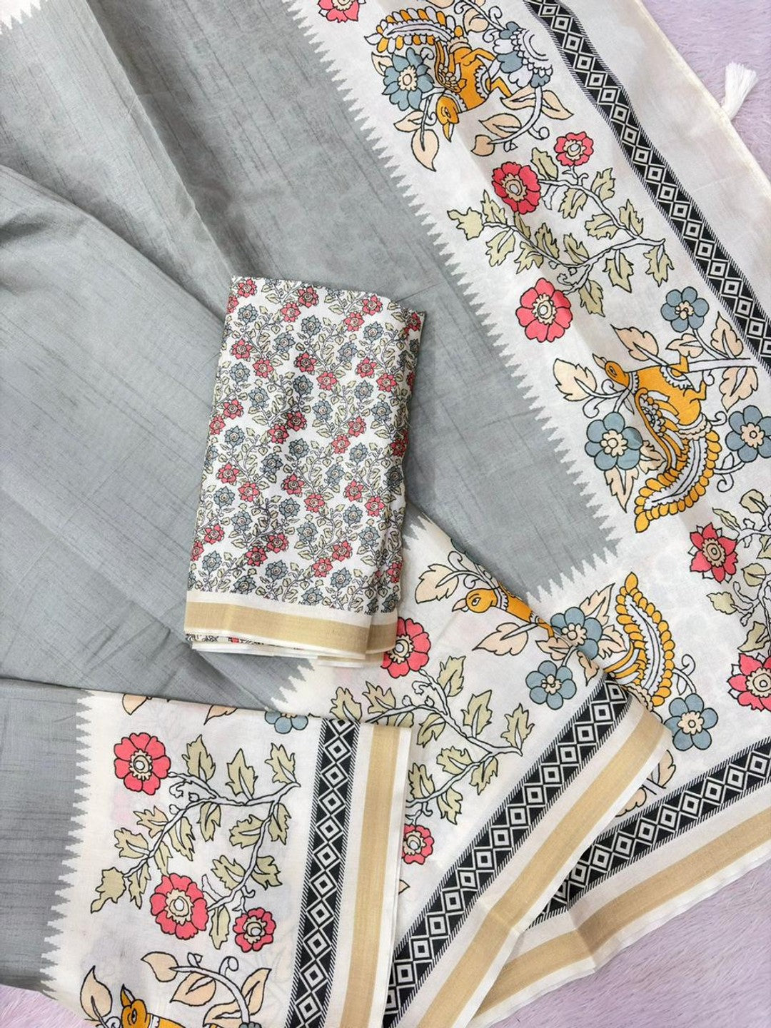 Peachmode Grey Malai Cotton Fancy Digital Print Saree - Image 7