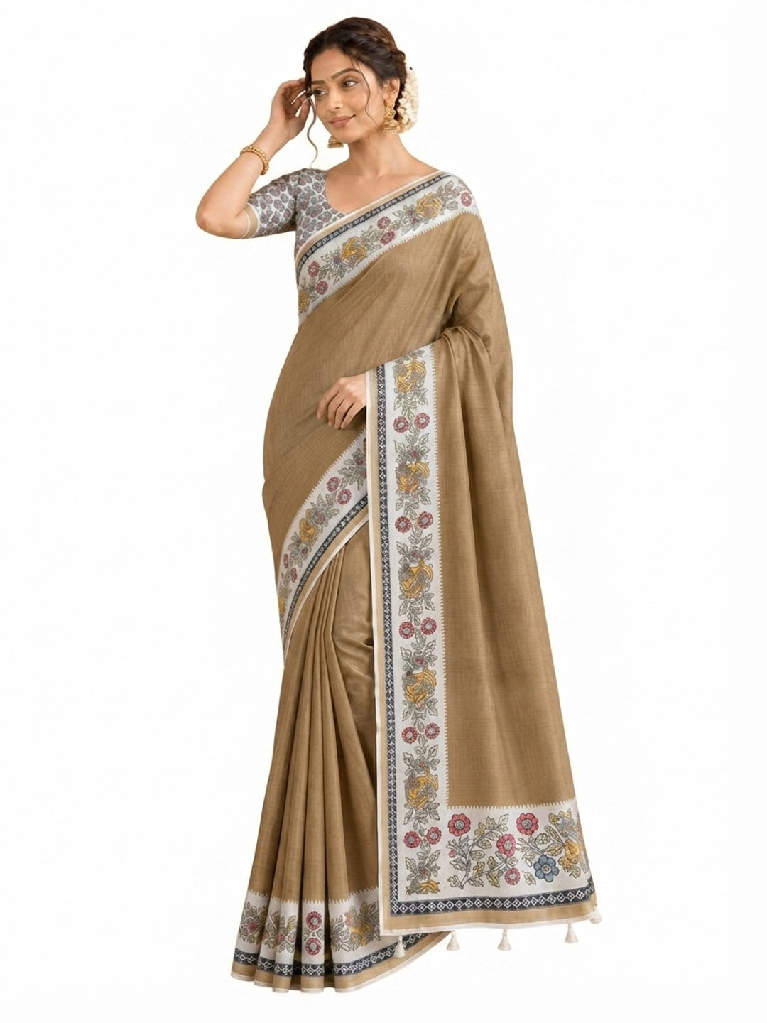 Peachmode Beige Malai Cotton Fancy Digital Print Saree - Image 8