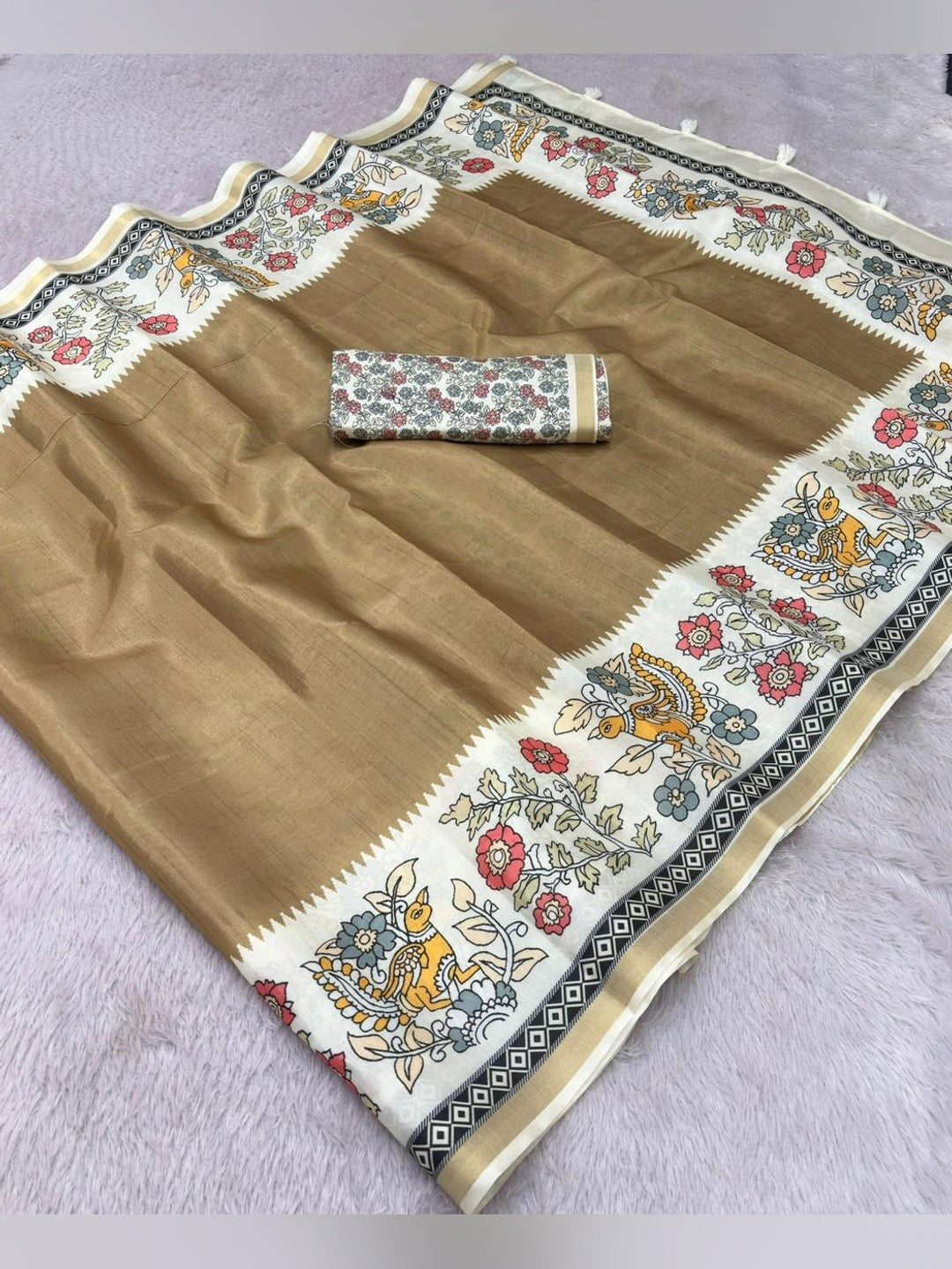 Peachmode Beige Malai Cotton Fancy Digital Print Saree - Image 5