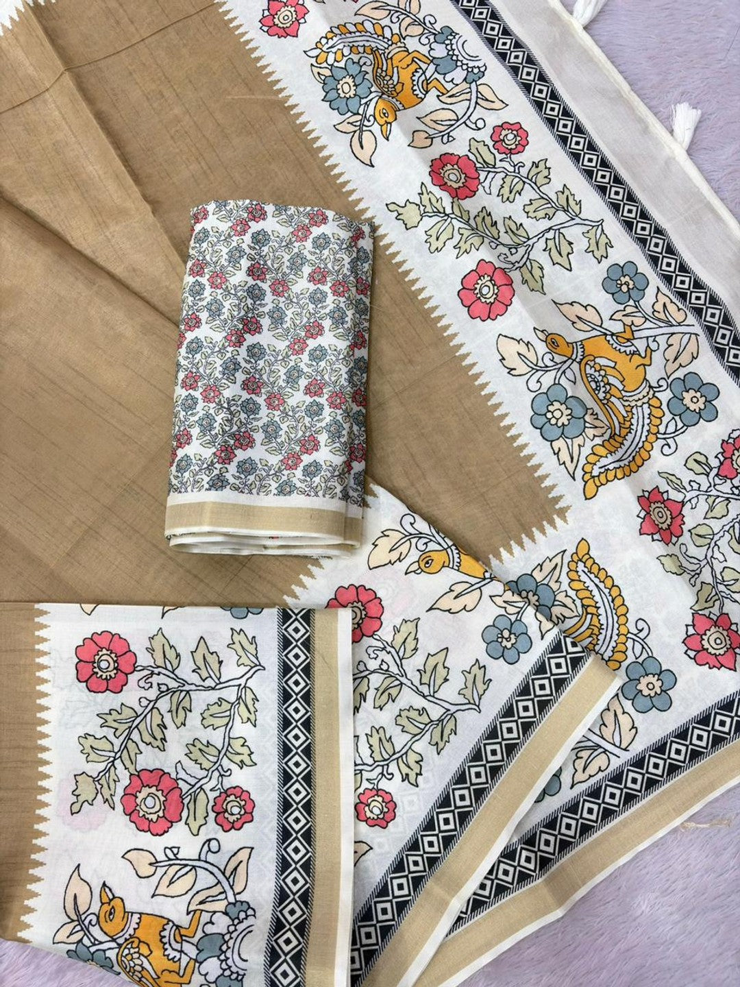 Peachmode Beige Malai Cotton Fancy Digital Print Saree - Image 7
