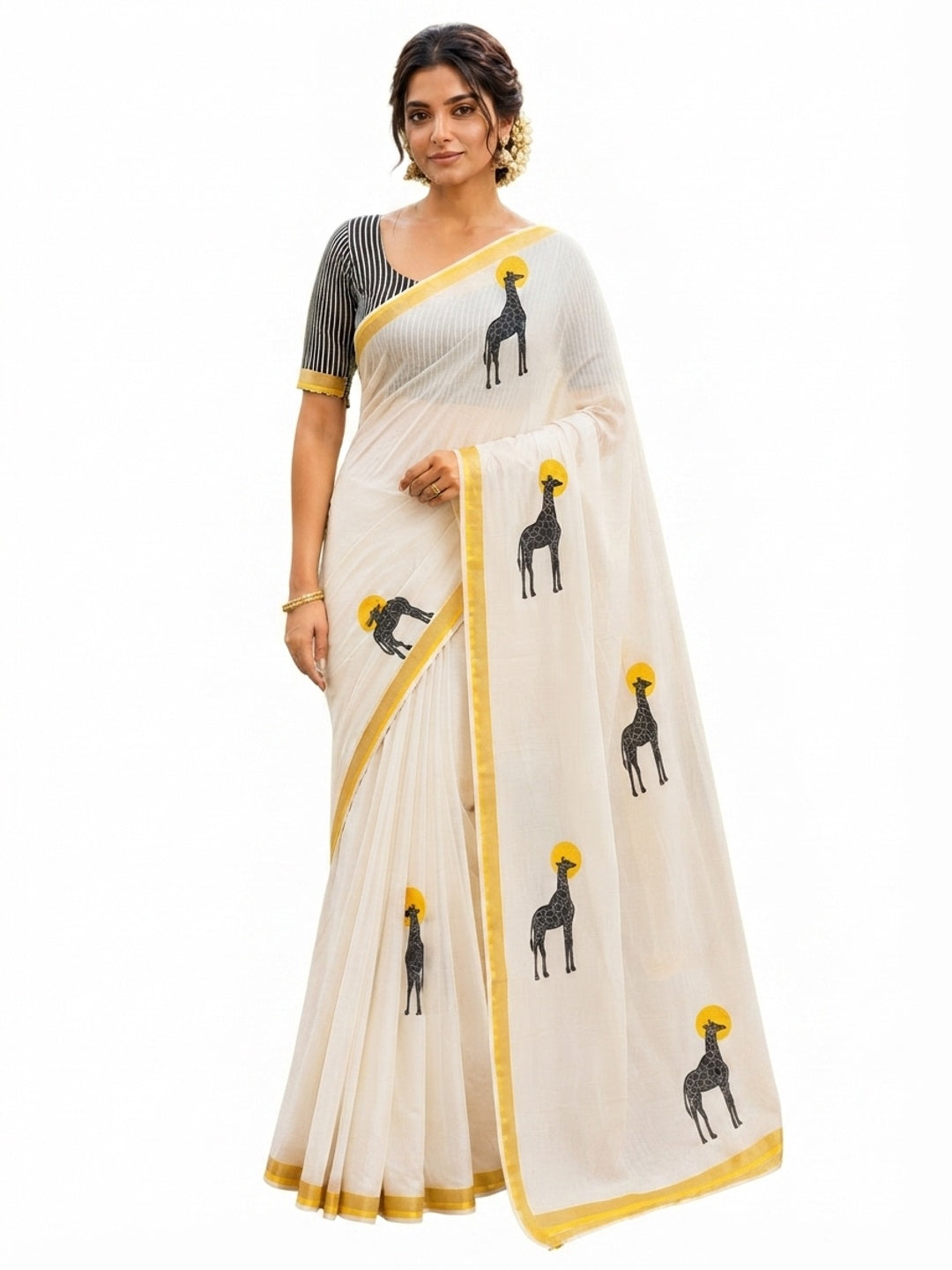 Peachmode Yellow Malai Cotton Animal Digital Print Saree - Image 8