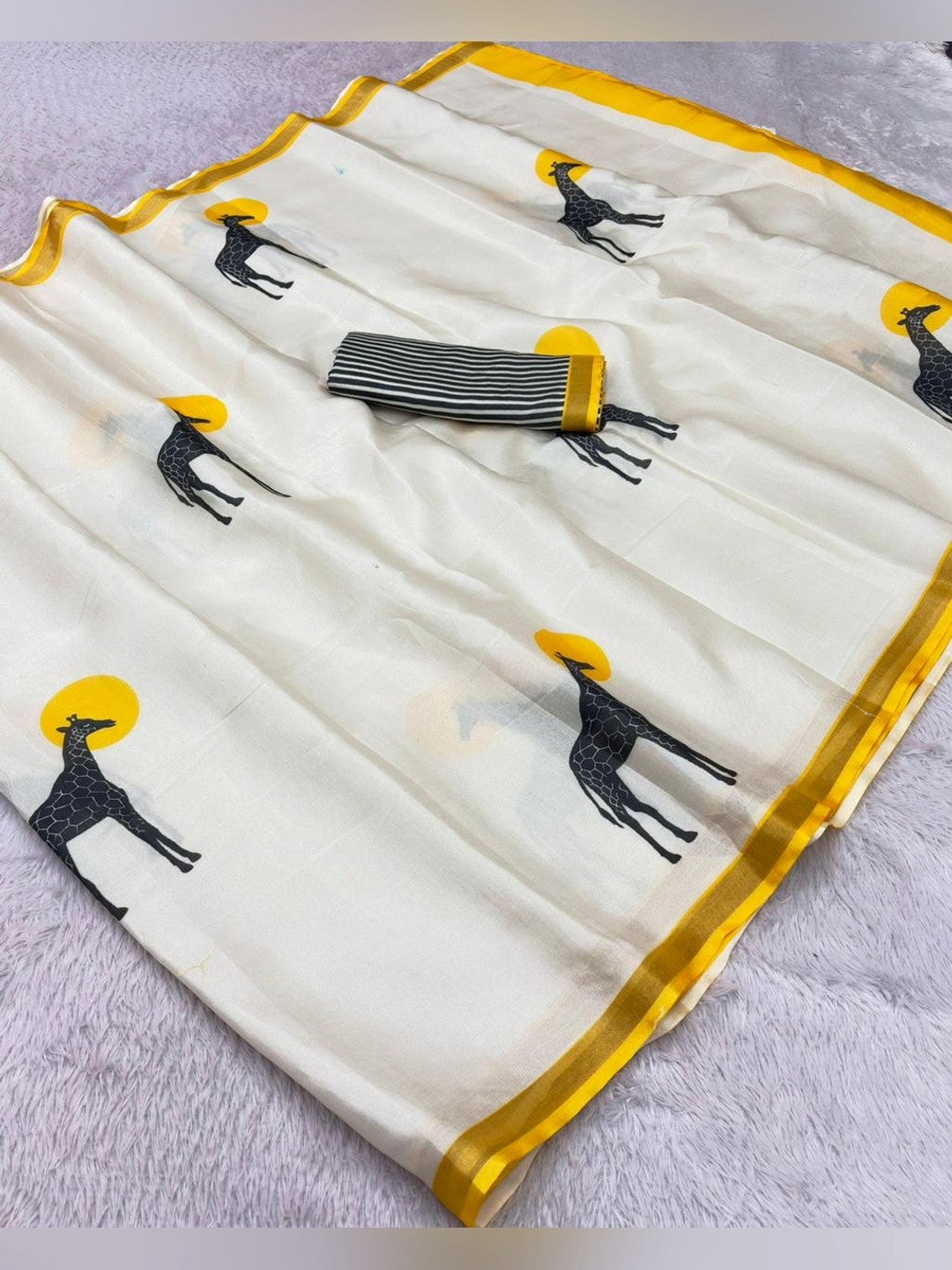Peachmode Yellow Malai Cotton Animal Digital Print Saree - Image 6