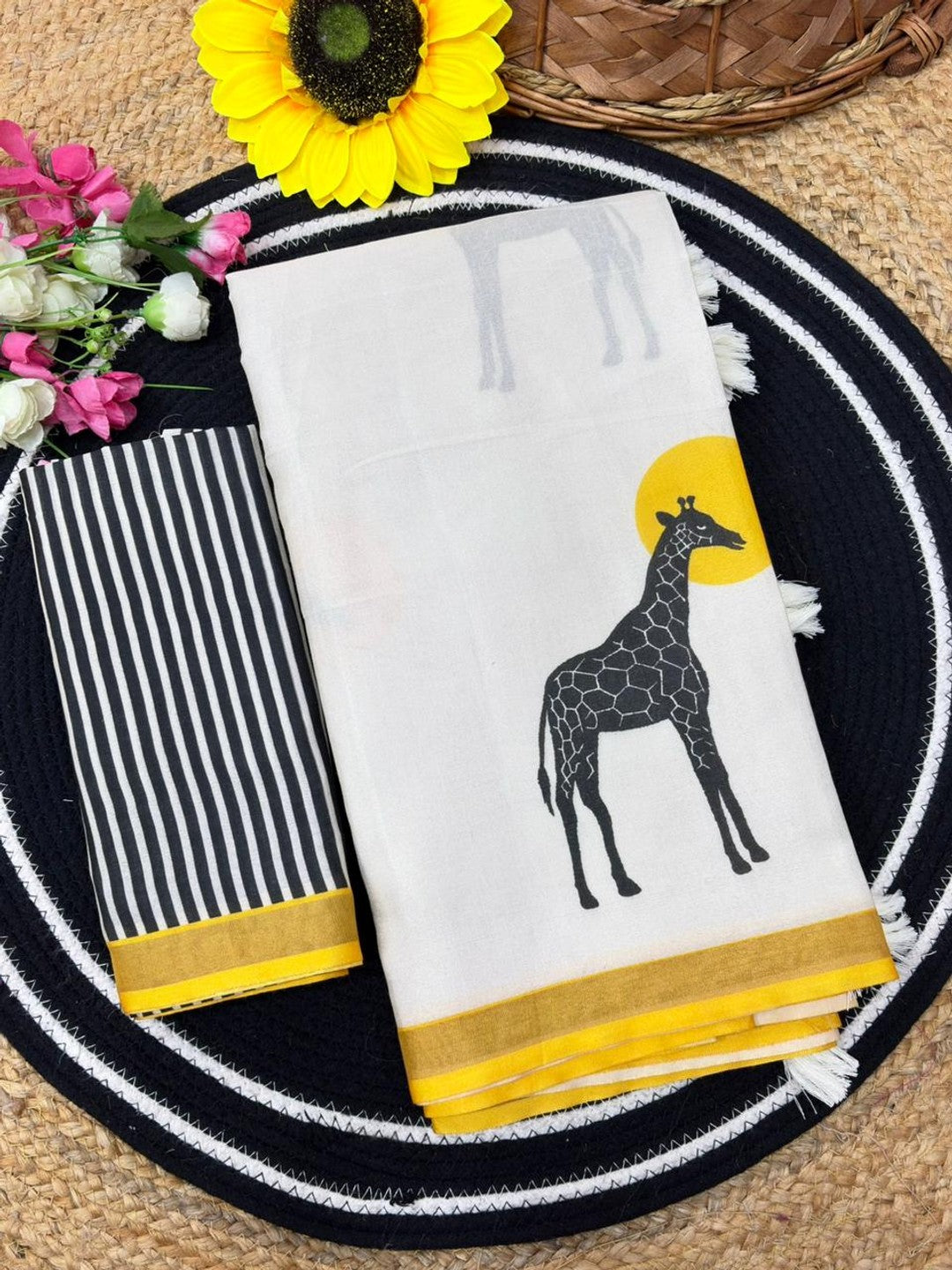 Peachmode Yellow Malai Cotton Animal Digital Print Saree - Image 7