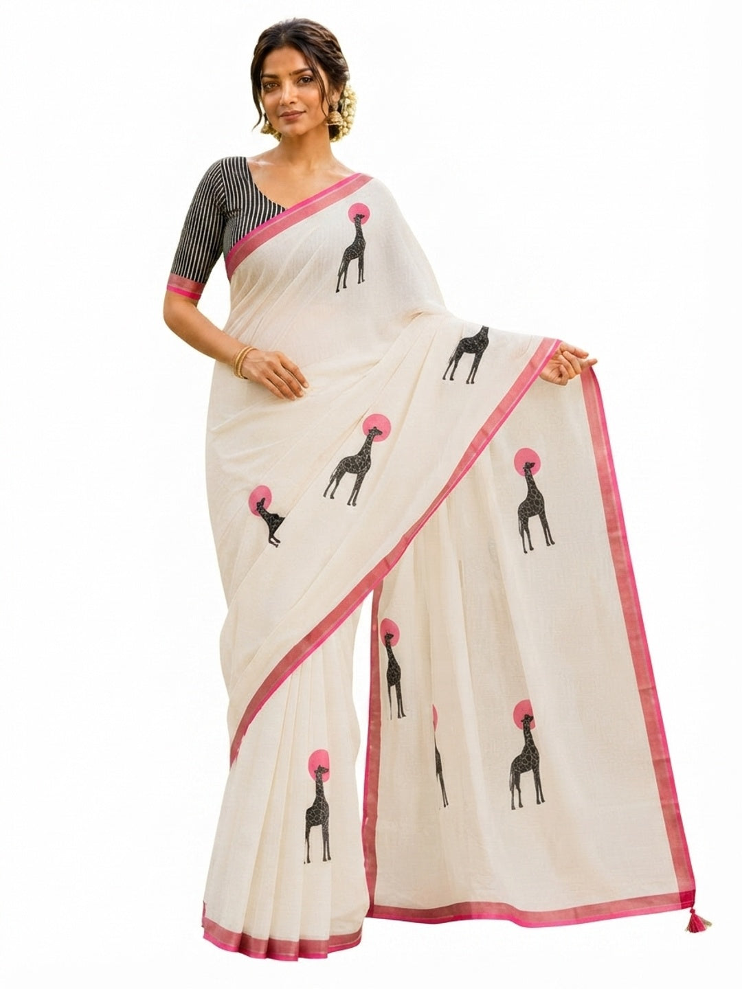 Peachmode Pink Malai Cotton Animal Digital Print Saree - Image 8