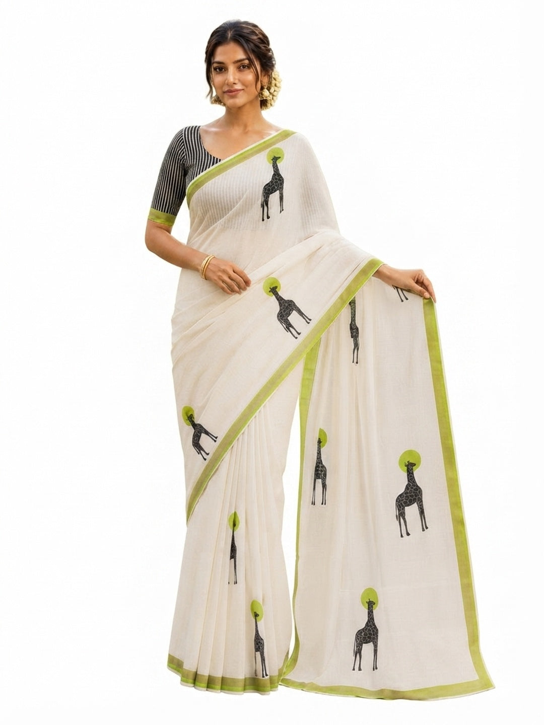 Peachmode Green Malai Cotton Animal Digital Print Saree - Image 8