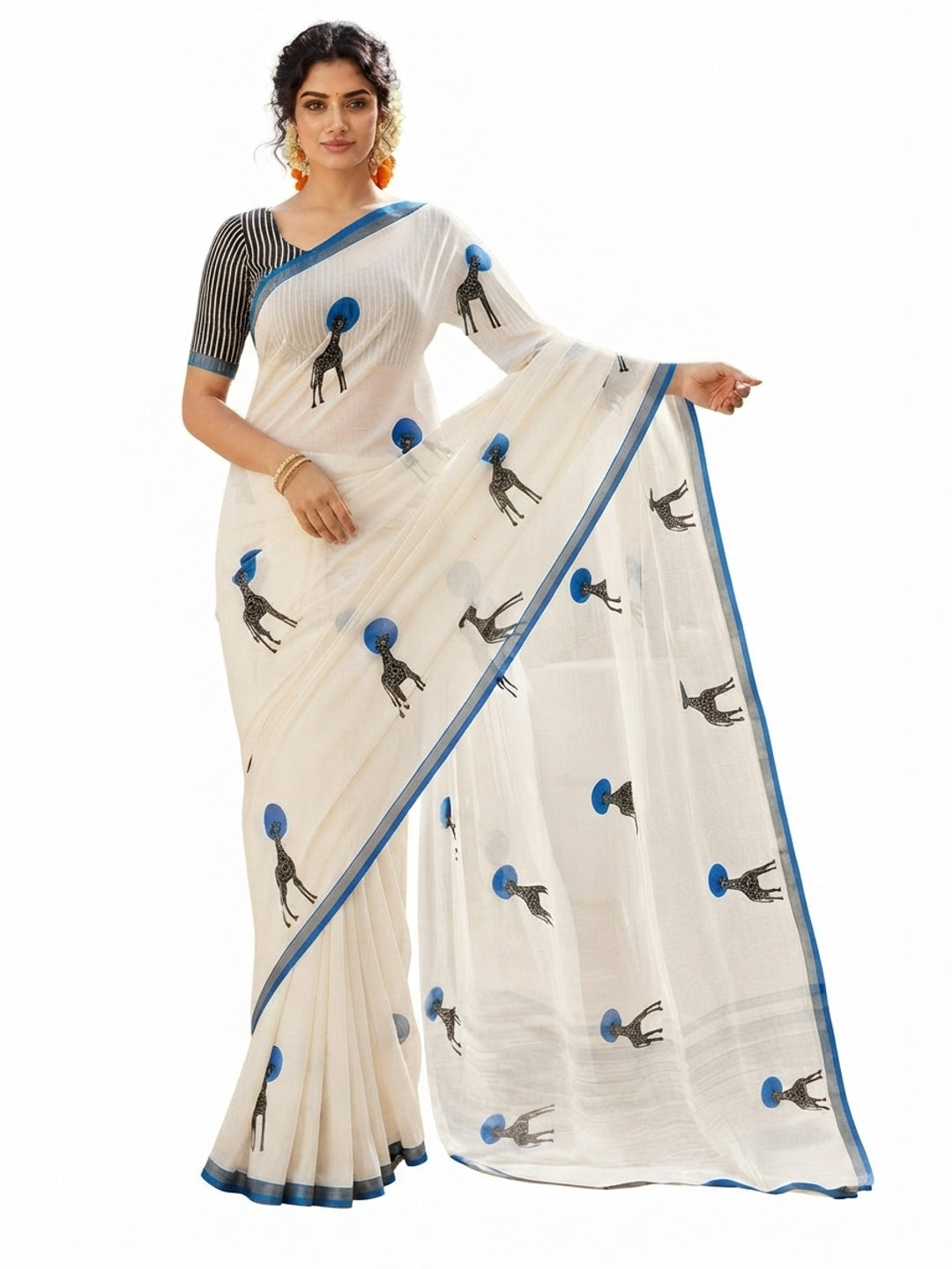 Peachmode Blue Malai Cotton Animal Digital Print Saree - Image 8