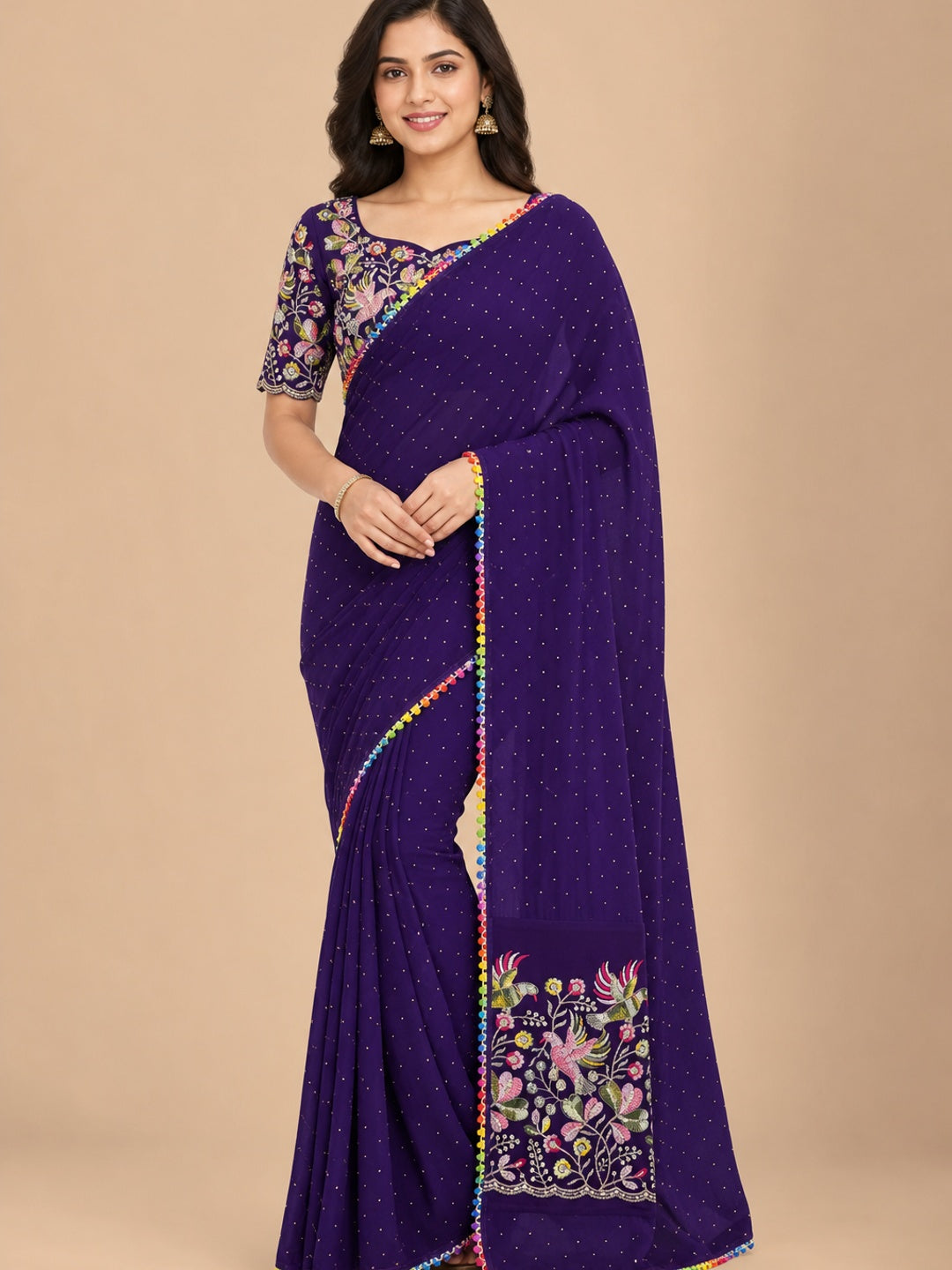 Purple Swarovski Work Embroidered Georgette Saree - Image 1