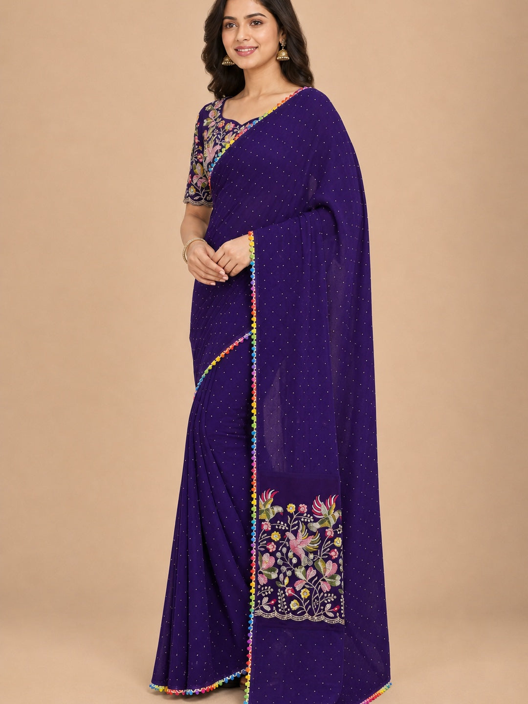 Purple Swarovski Work Embroidered Georgette Saree - Image 3