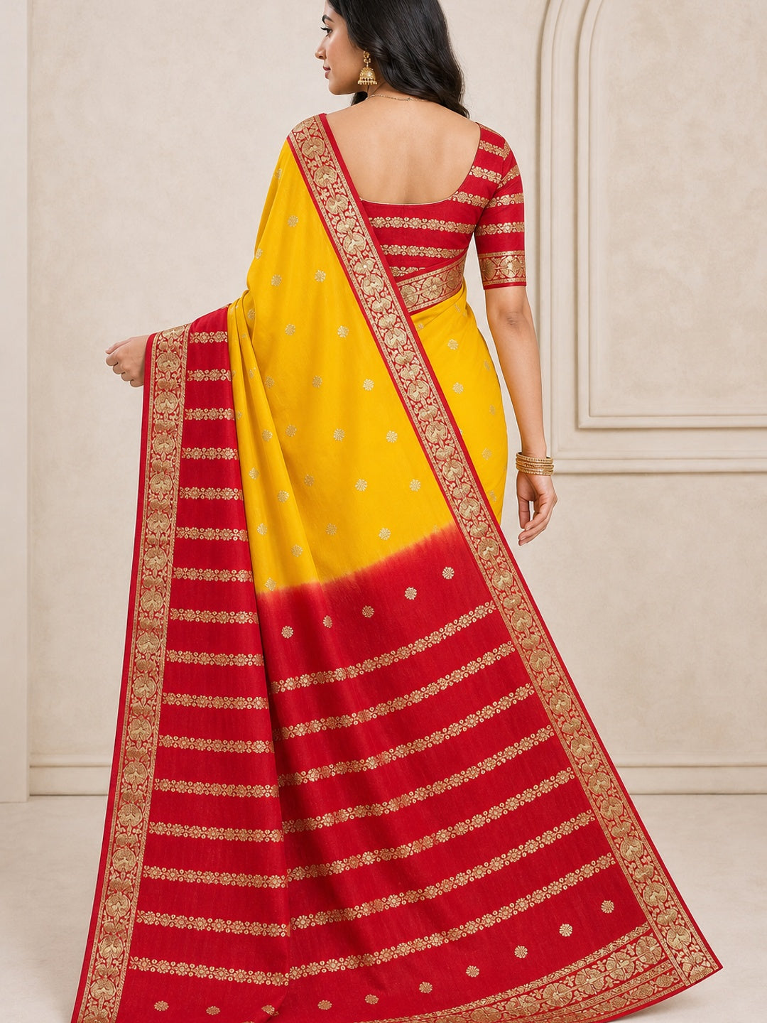 Yellow & Red Zari Woven Pure Viscose Saree - Image 2