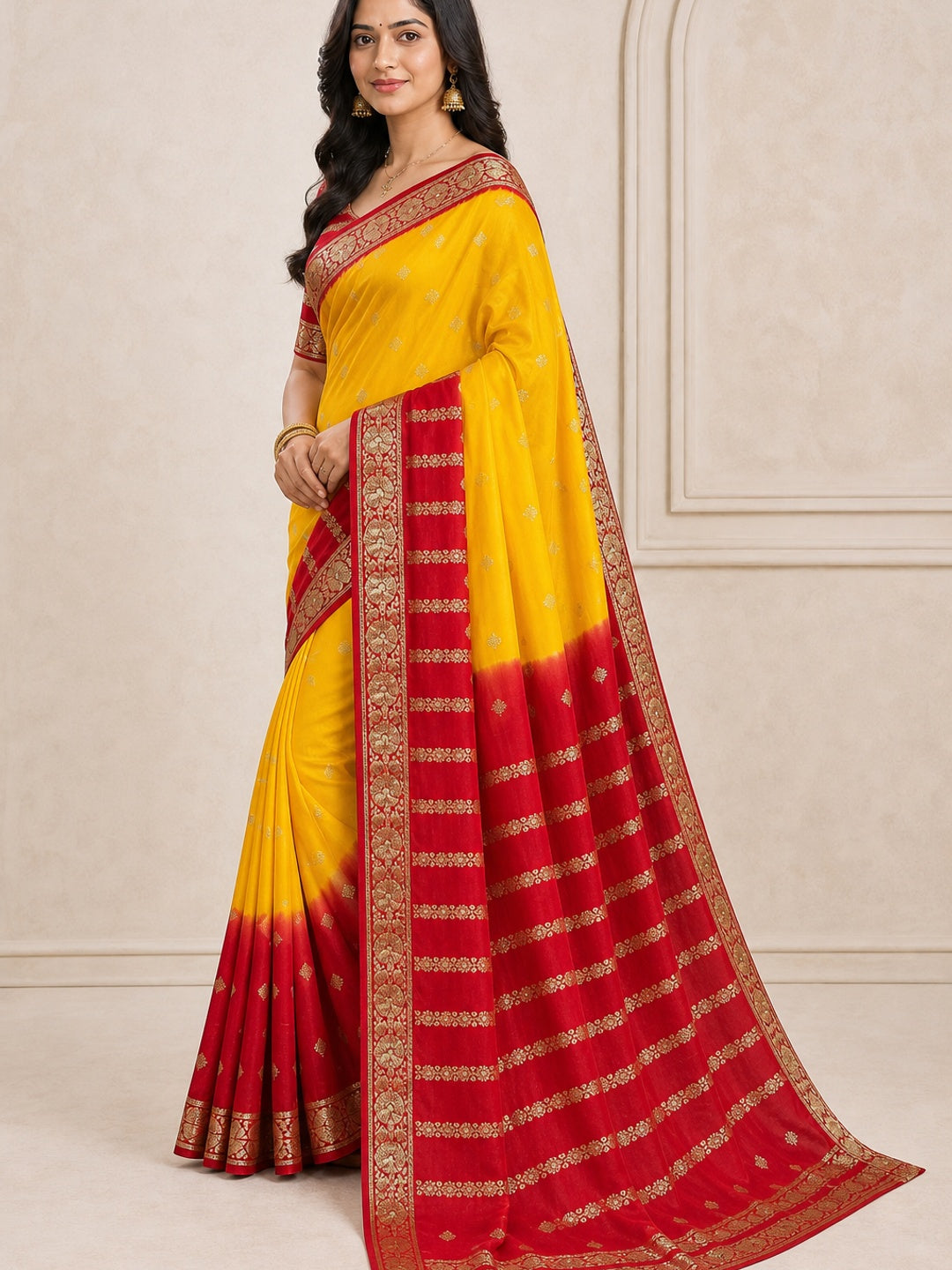Yellow & Red Zari Woven Pure Viscose Saree - Image 3
