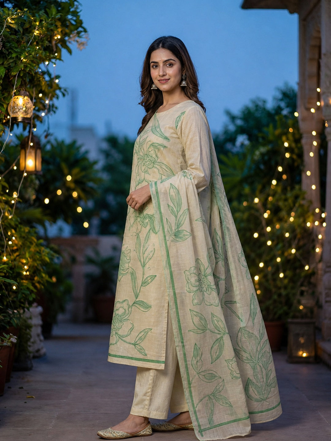 Graceful Cream & Green Chanderi Cotton Suit Fabric with Floral Printed Dupatta - Image 5
