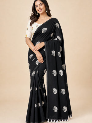 Black Thread Embroidered Georgette Saree With Tassels - Image 1