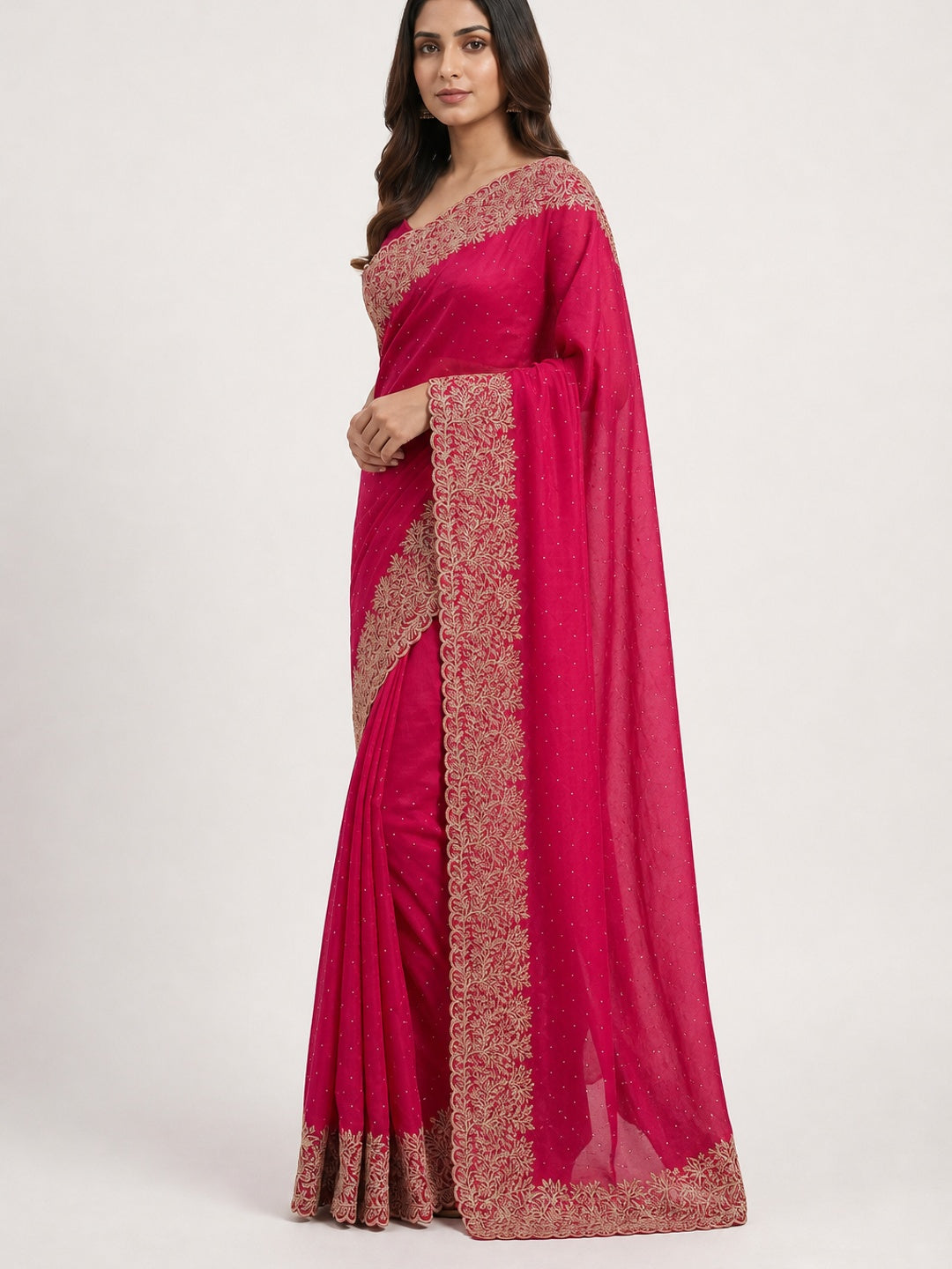 Pink Zari Embroidered With Stonework Vichitra Silk Saree - Image 3