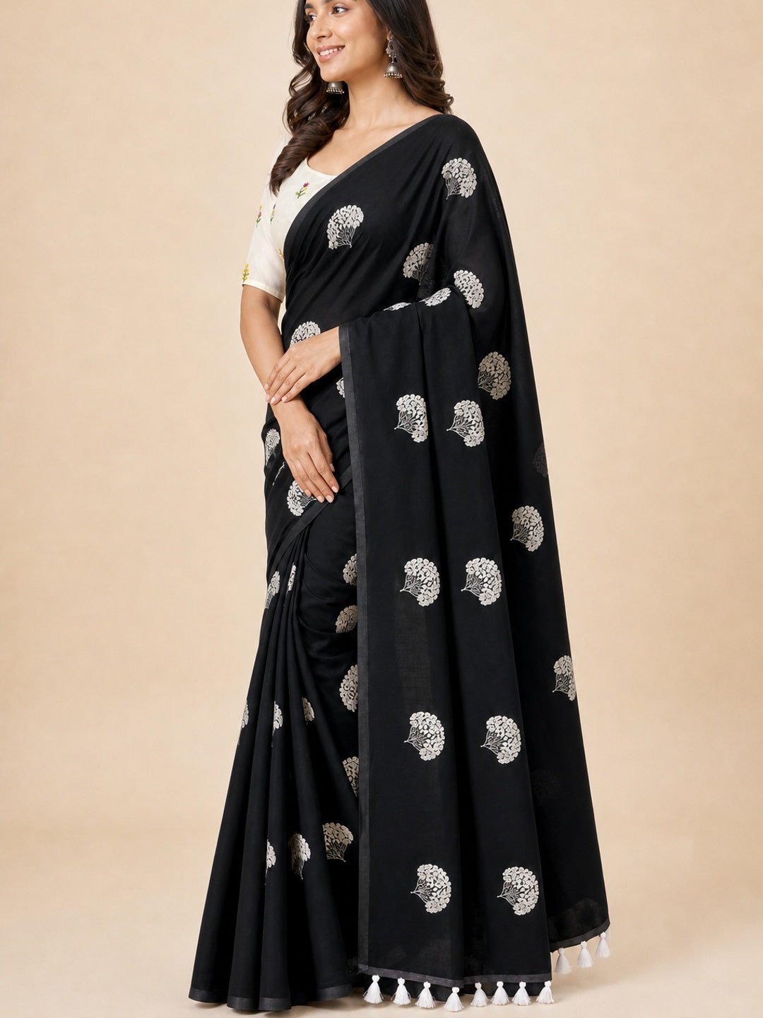 Black Thread Embroidered Georgette Saree With Tassels - Image 3