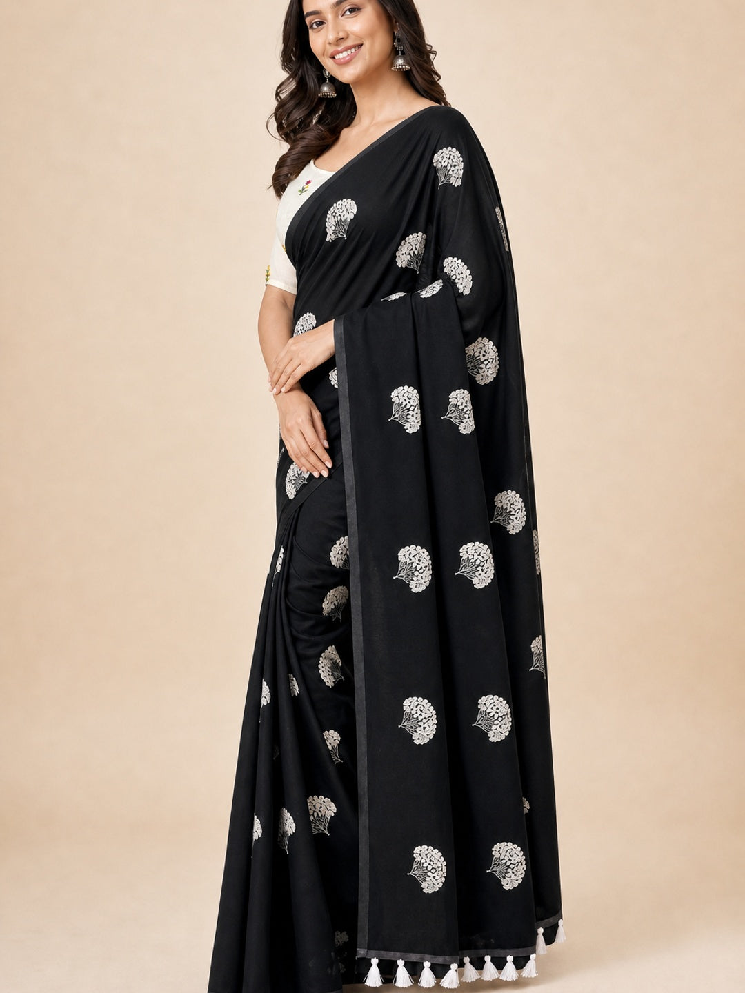 Black Thread Embroidered Georgette Saree With Tassels - Image 4