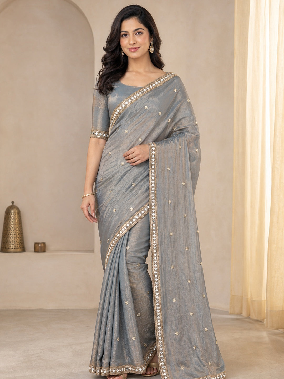 Peachmode Grey Satin Saree - Image 1