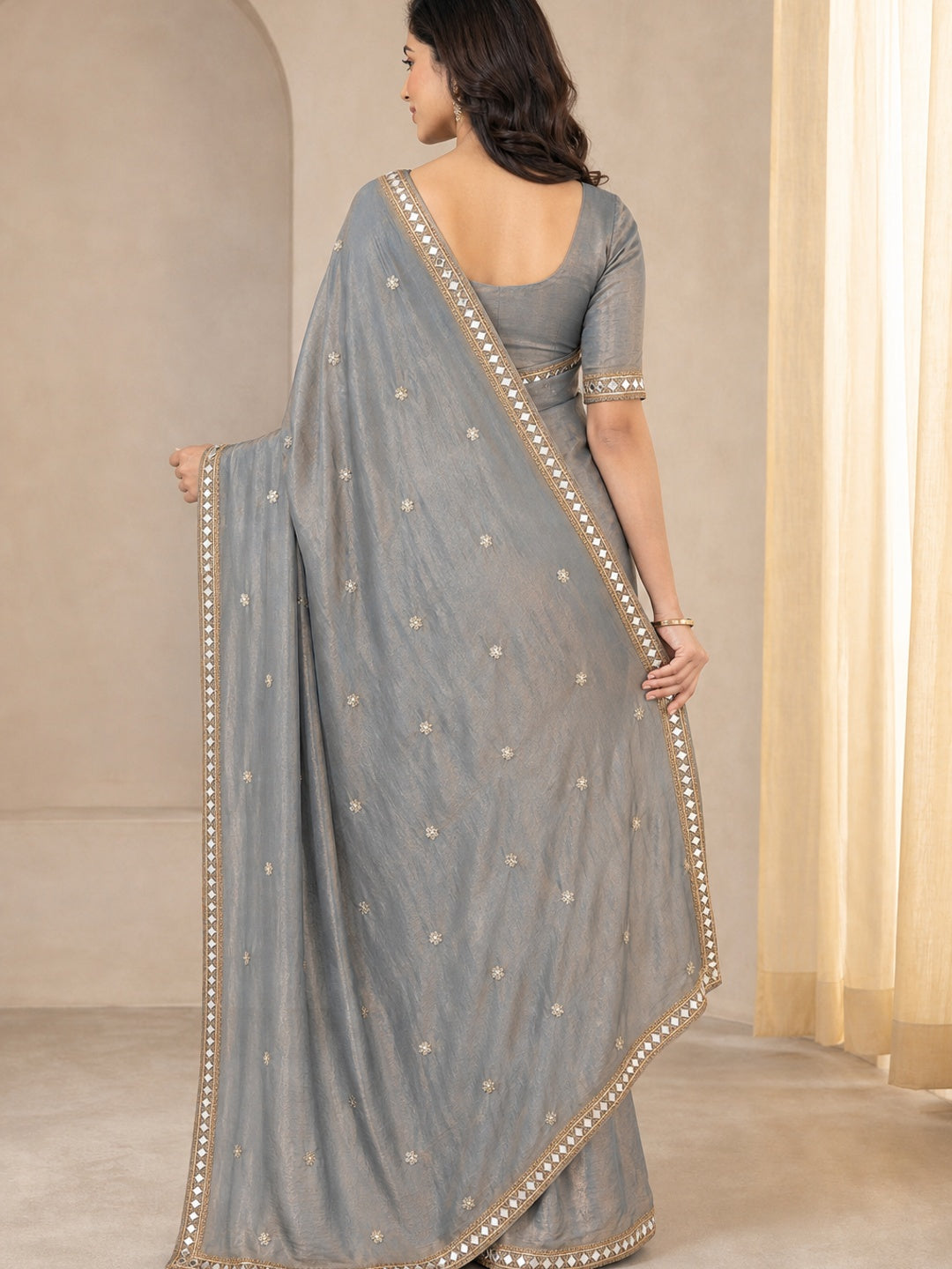 Peachmode Grey Satin Saree - Image 5