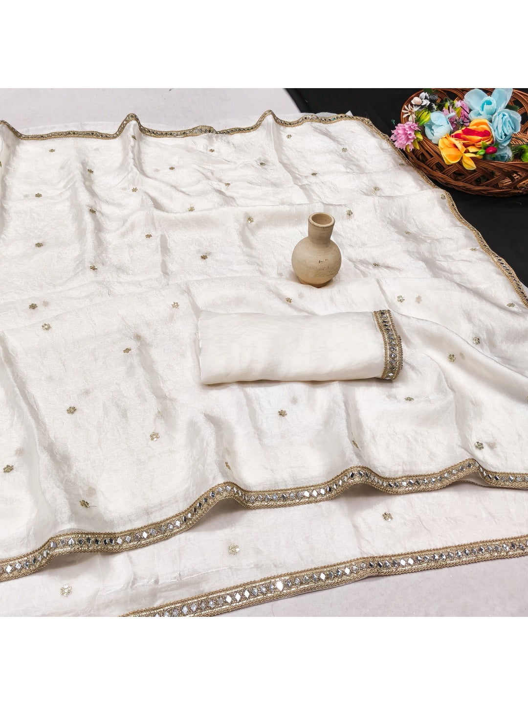 Peachmode White Satin Saree - Image 2