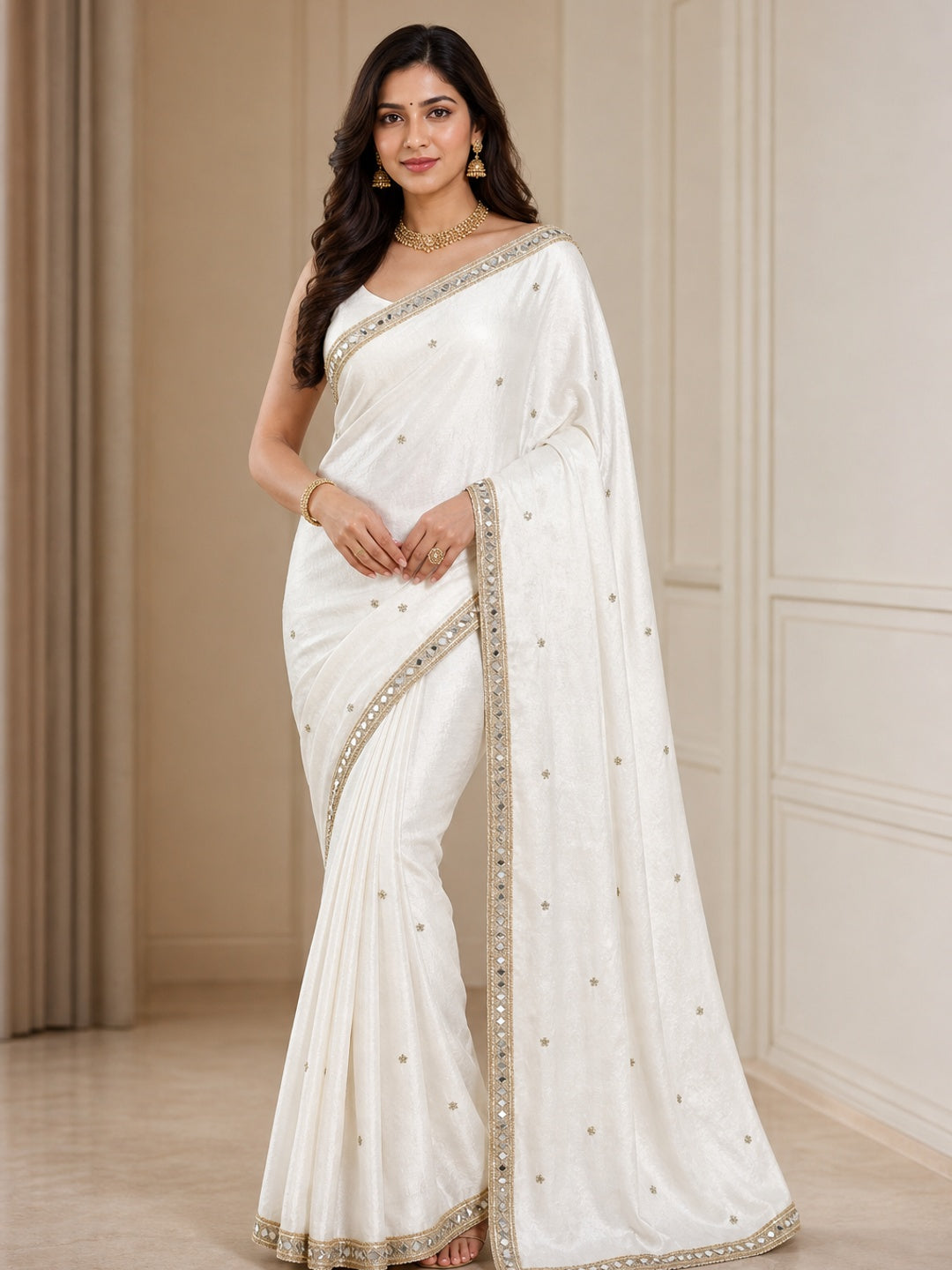 Peachmode White Satin Saree - Image 1