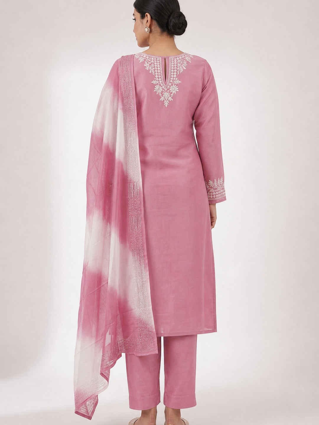 Peachmode Pink Cotton Dress Material with Floral Embroidery - Image 4