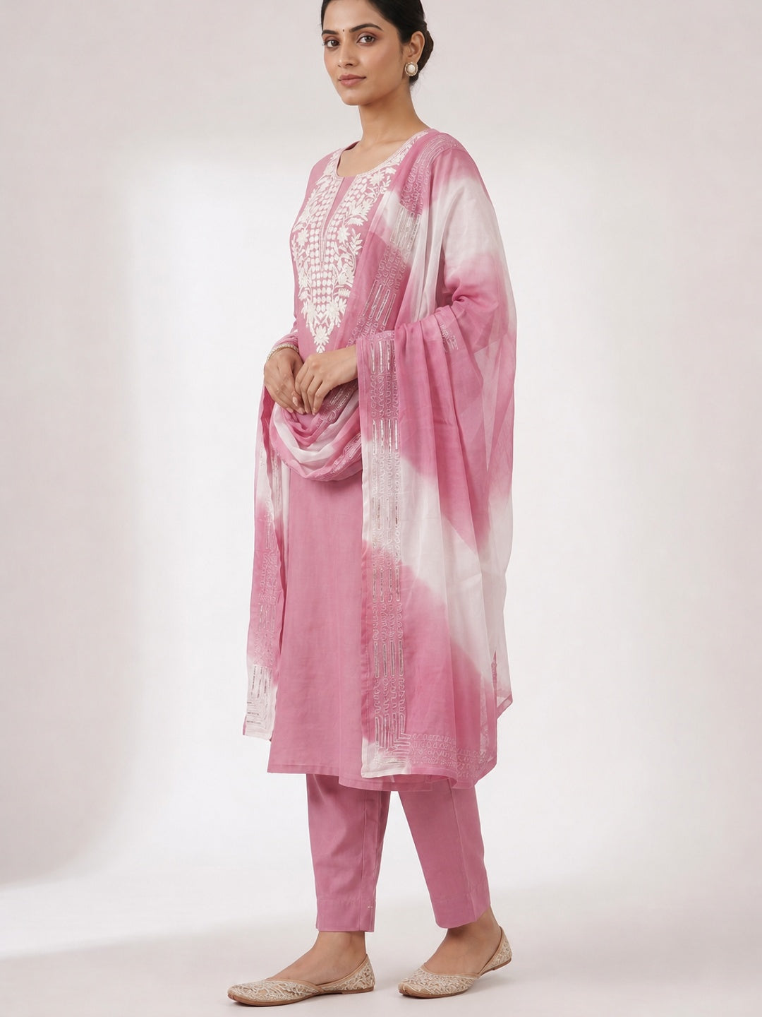 Peachmode Pink Cotton Dress Material with Floral Embroidery - Image 5