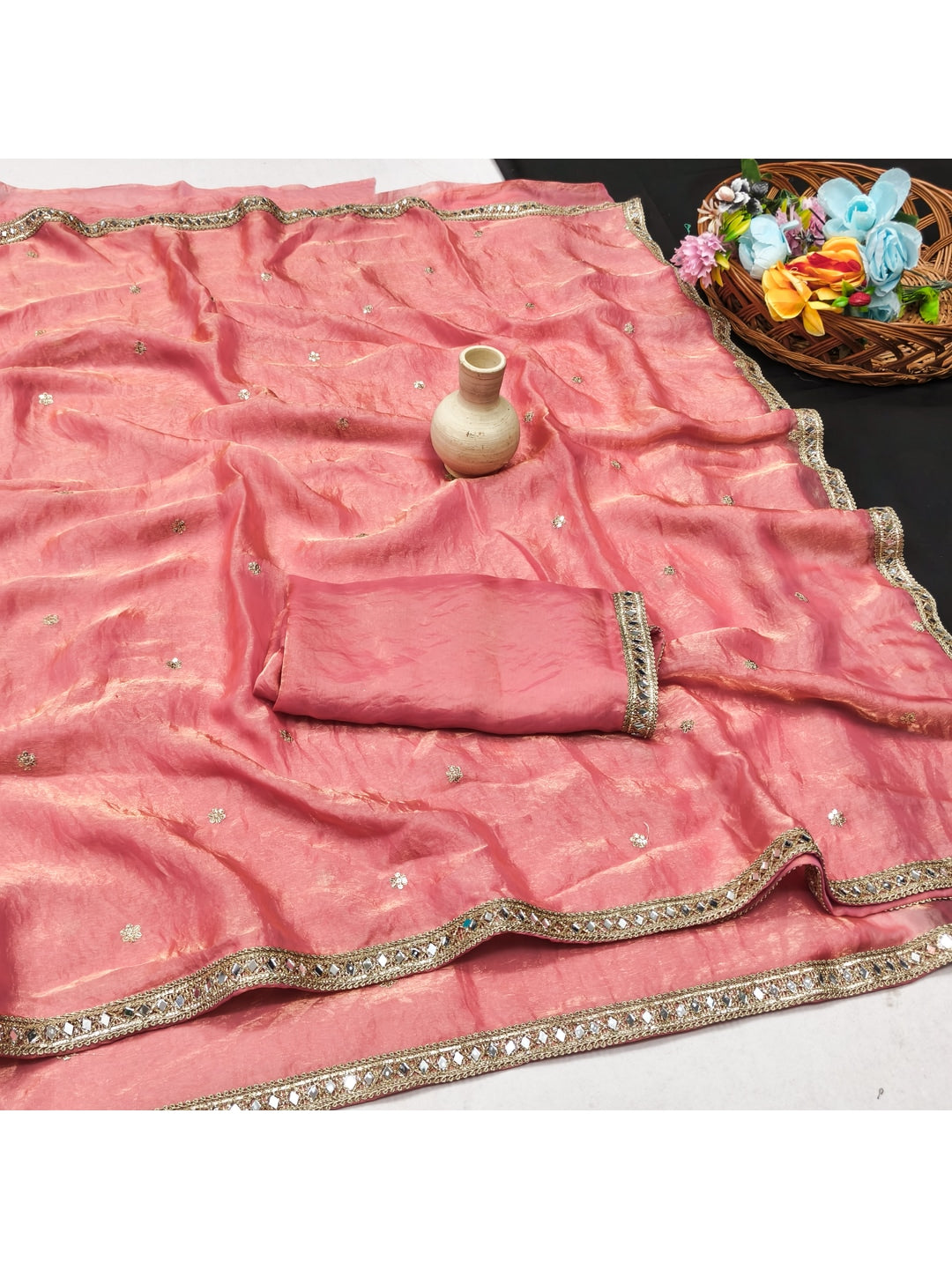 Peachmode Pink Satin Saree - Image 2