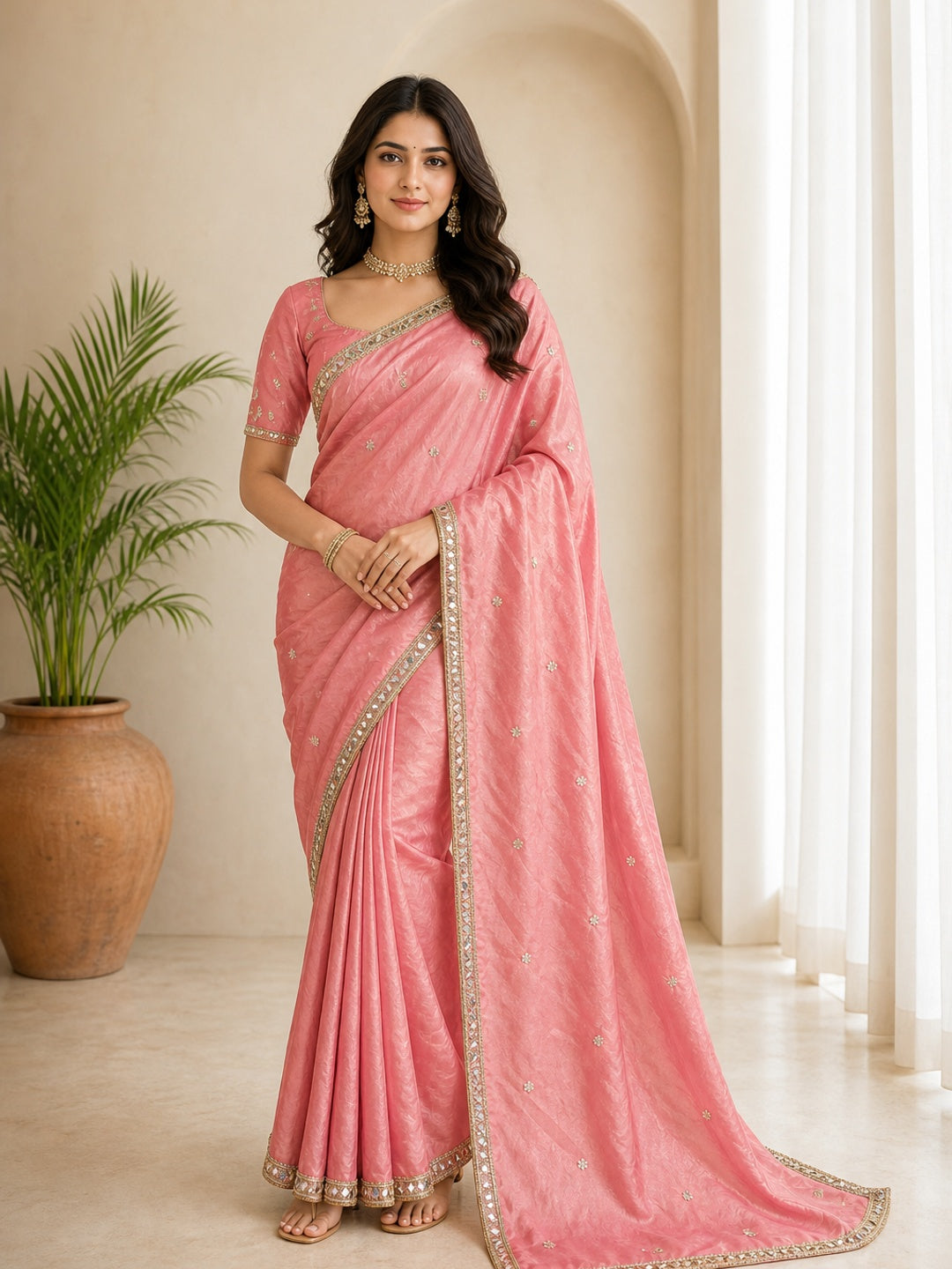 Peachmode Pink Satin Saree - Image 1