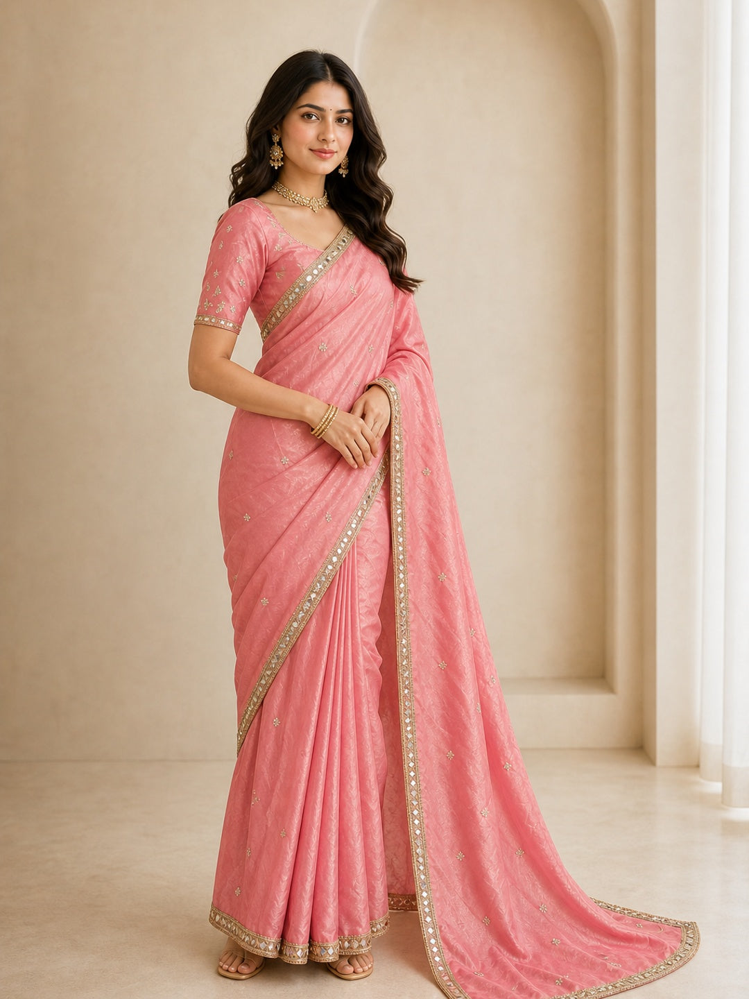 Peachmode Pink Satin Saree - Image 4