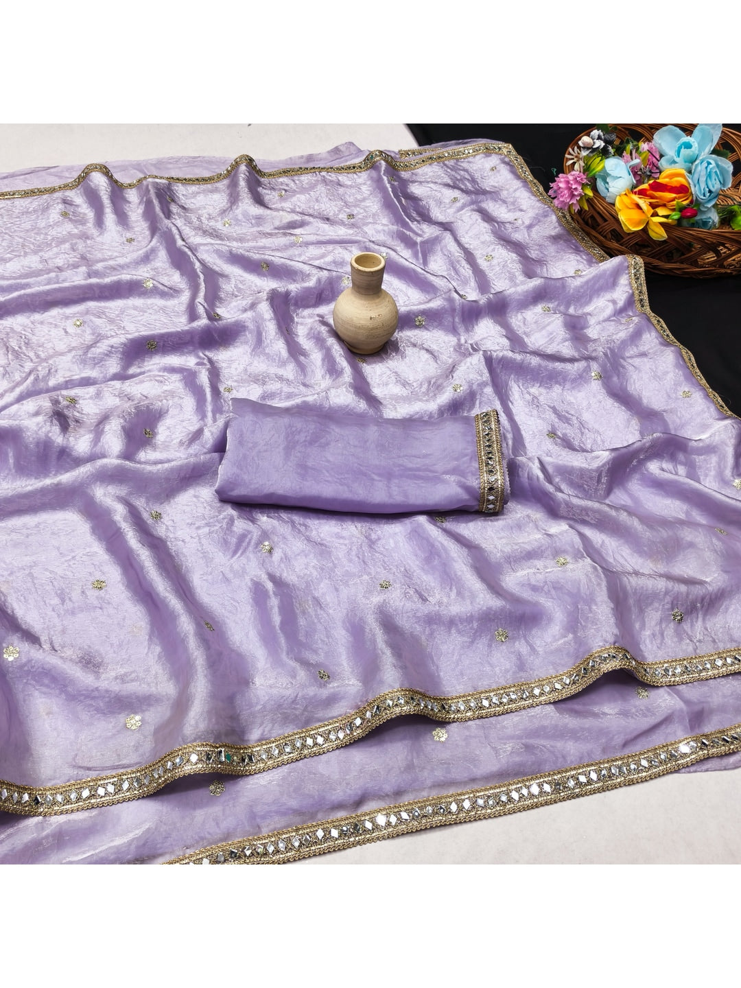 Peachmode Lavender Satin Saree - Image 2