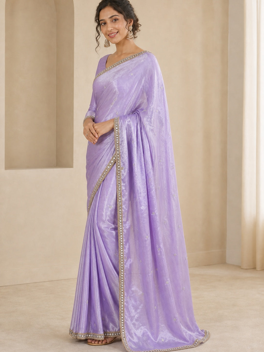 Peachmode Lavender Satin Saree - Image 4
