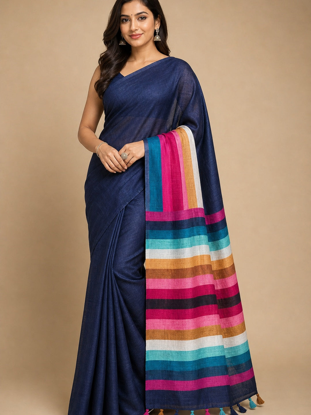 Navy Blue Linen Saree Designed with Modern Striped Prints and Trendy Tassel Detailing - Image 1