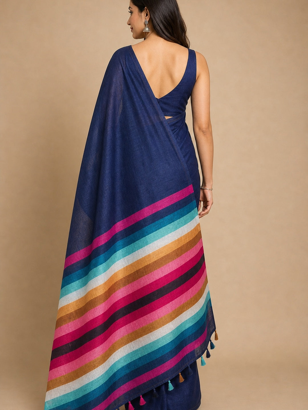 Navy Blue Linen Saree Designed with Modern Striped Prints and Trendy Tassel Detailing - Image 2