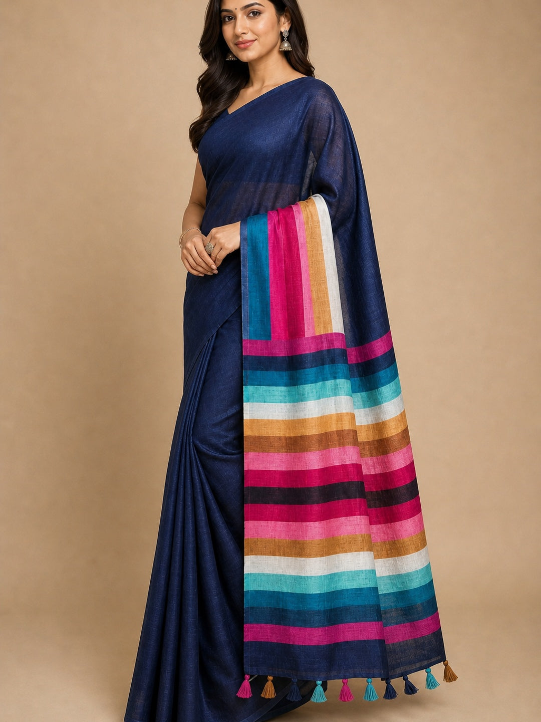 Navy Blue Linen Saree Designed with Modern Striped Prints and Trendy Tassel Detailing - Image 3